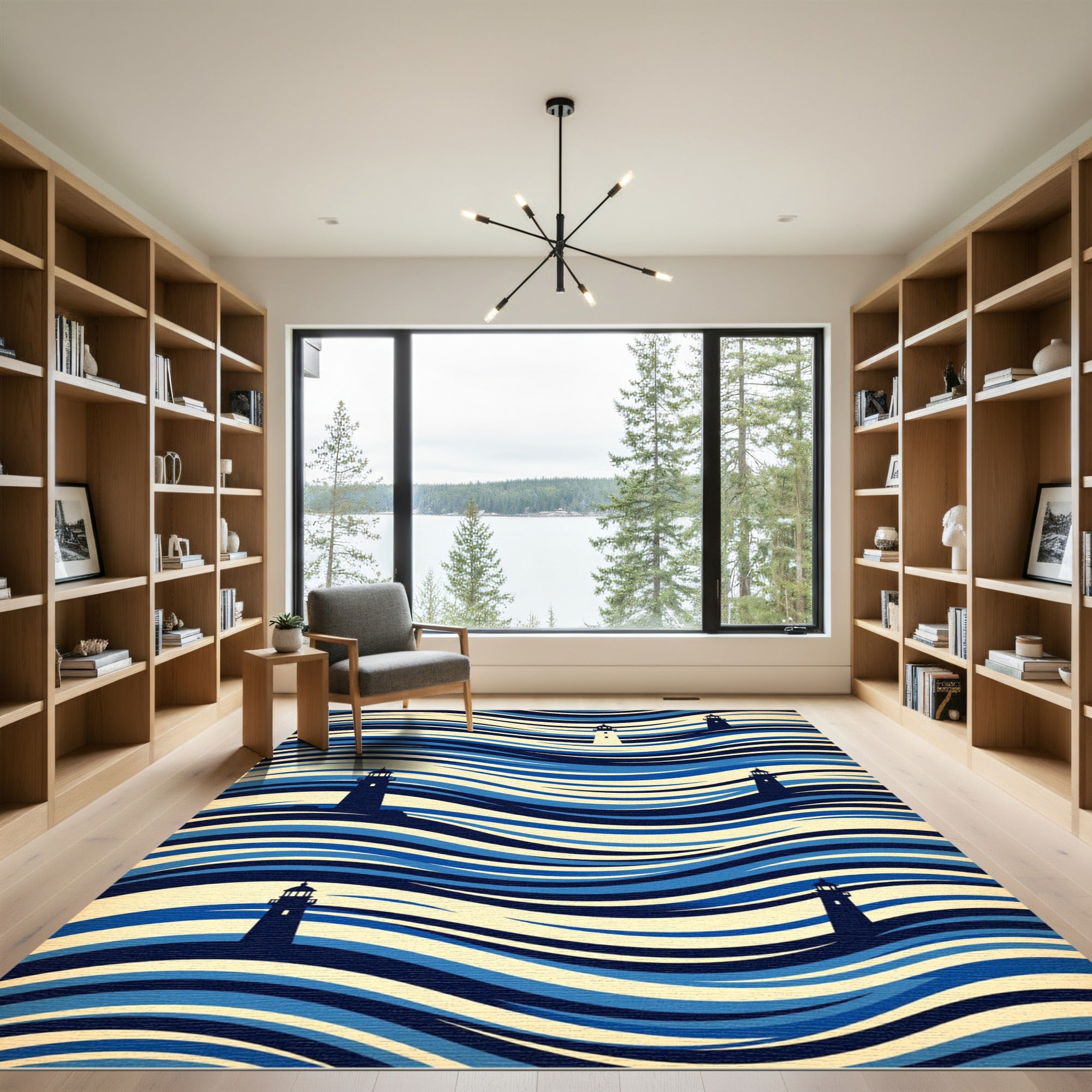 Blue Lighthouses and Fluid Wavy Ocean Rug