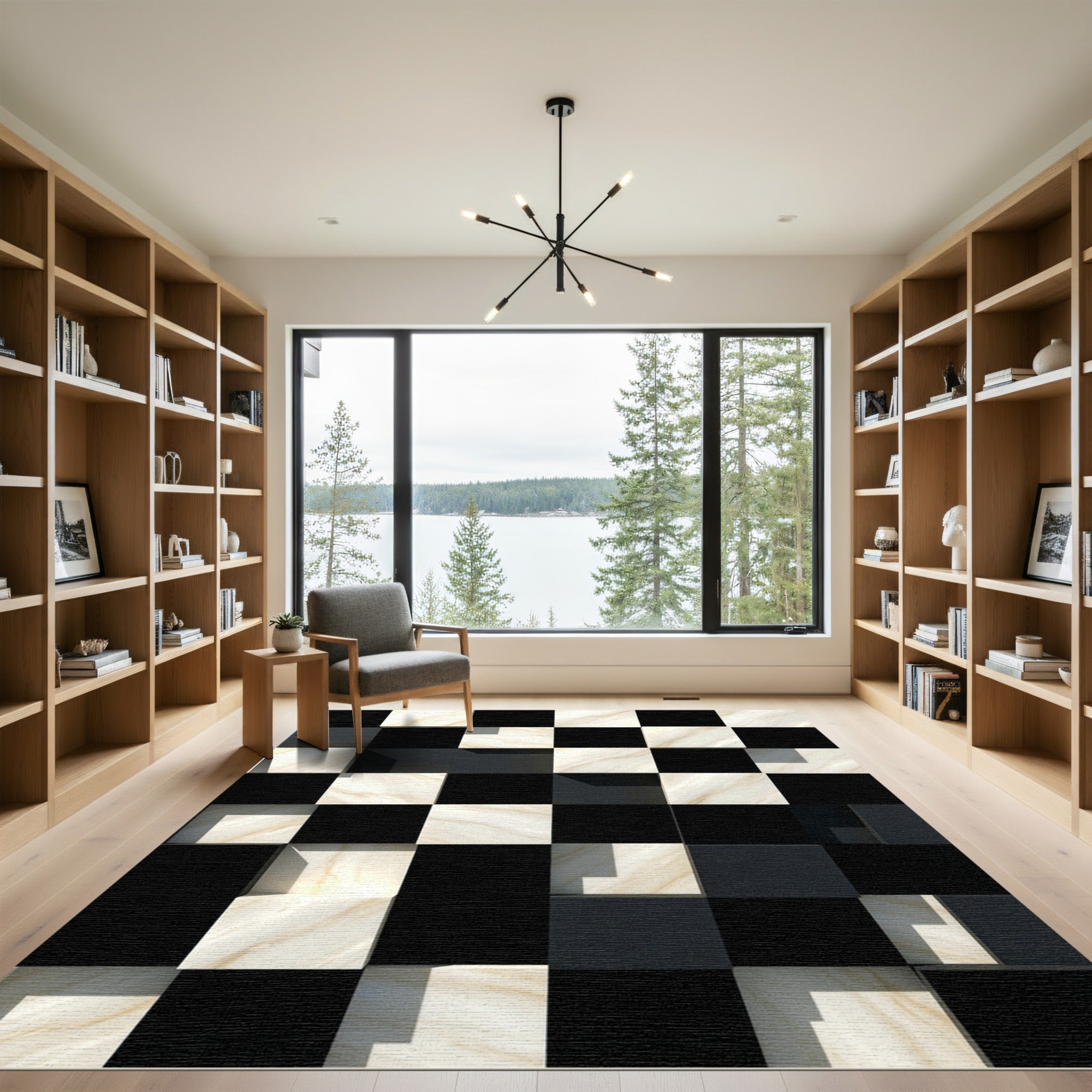 Modern Monochrome Checkerboard Marble Tile Rug