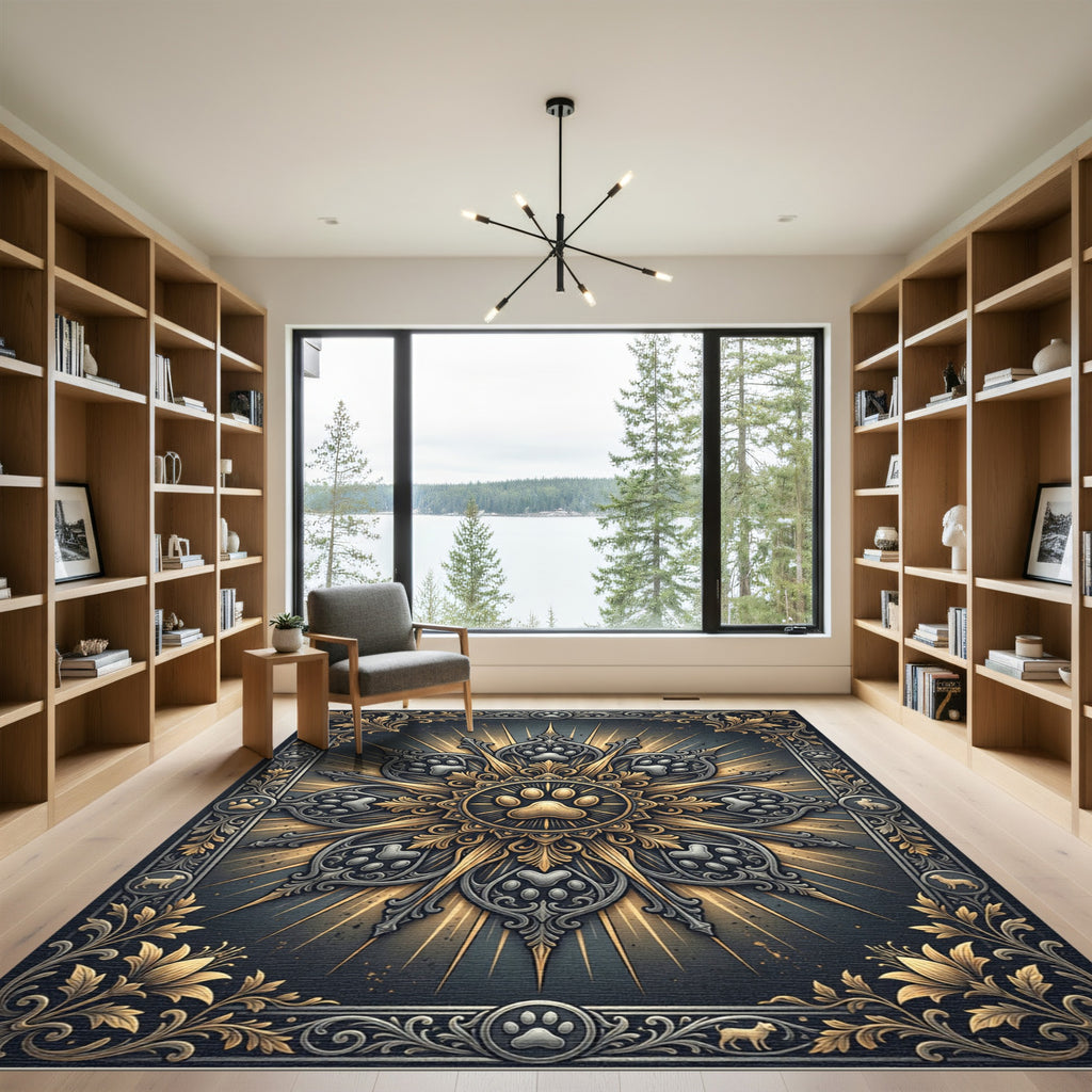 Ornate Golden Paw Medallion Charcoal Art Rug