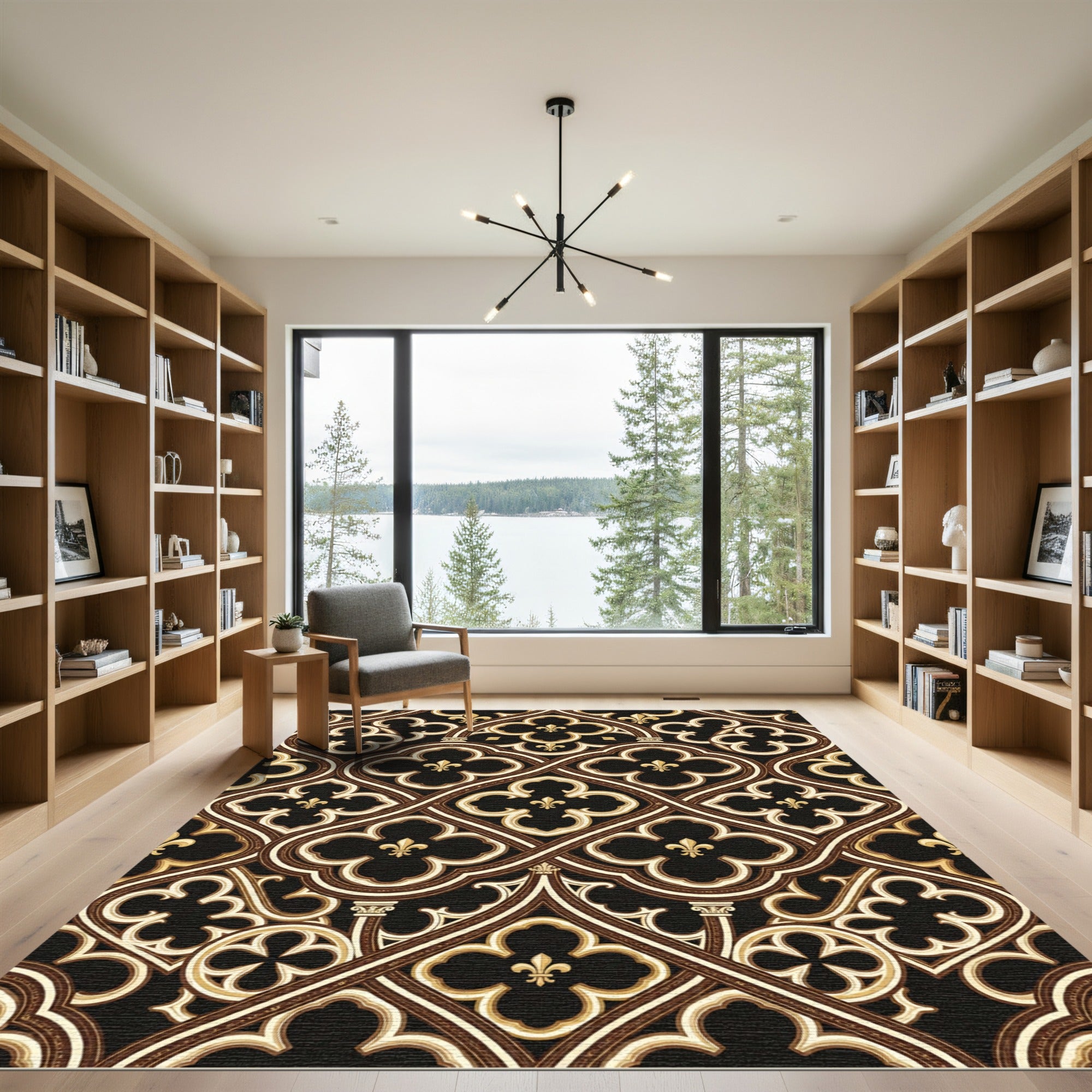 Gothic Black Gold Quatrefoil Scroll Rug