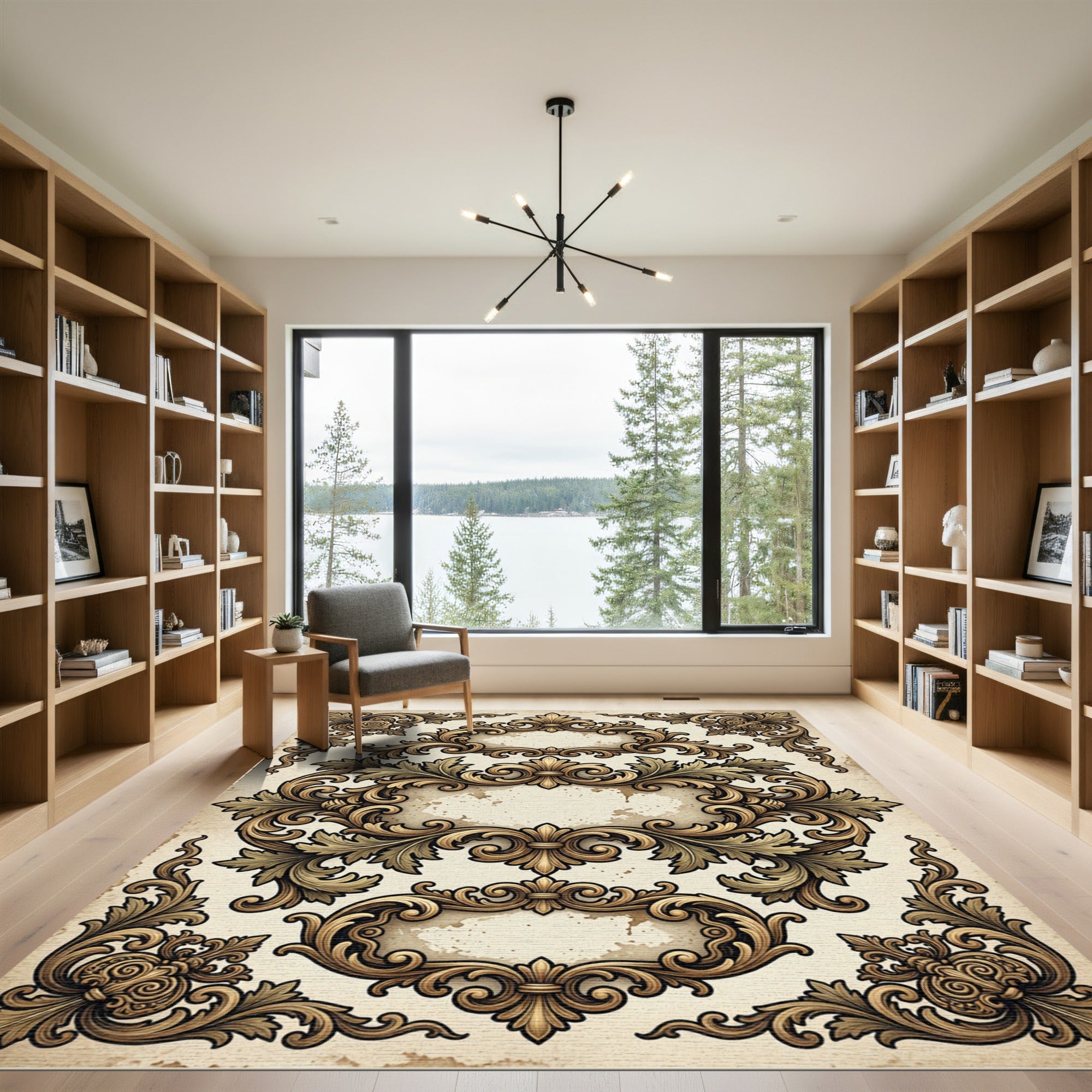 Ornate Gold Leaf Scrollwork Frames Rug