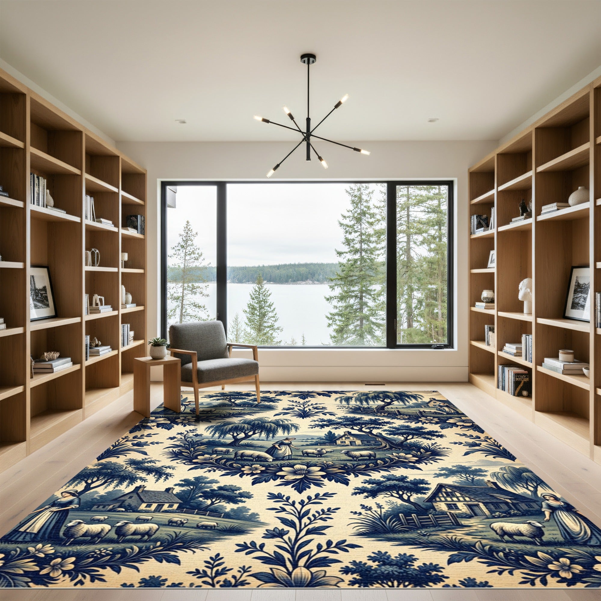 Blue Toile Pastoral Shepherdess Meadow Farmhouse Rug