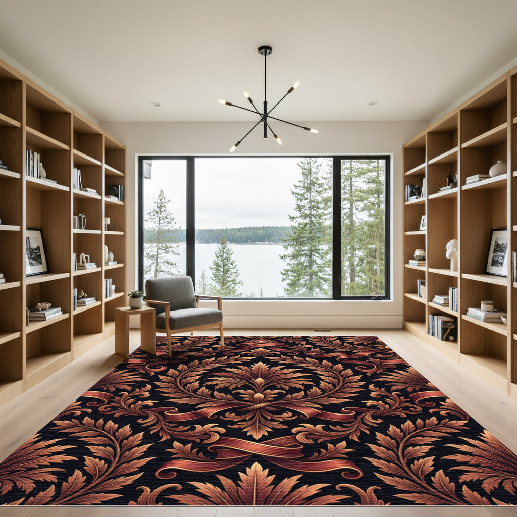 Ornate Russet Ribbon Acanthus Scroll Rug