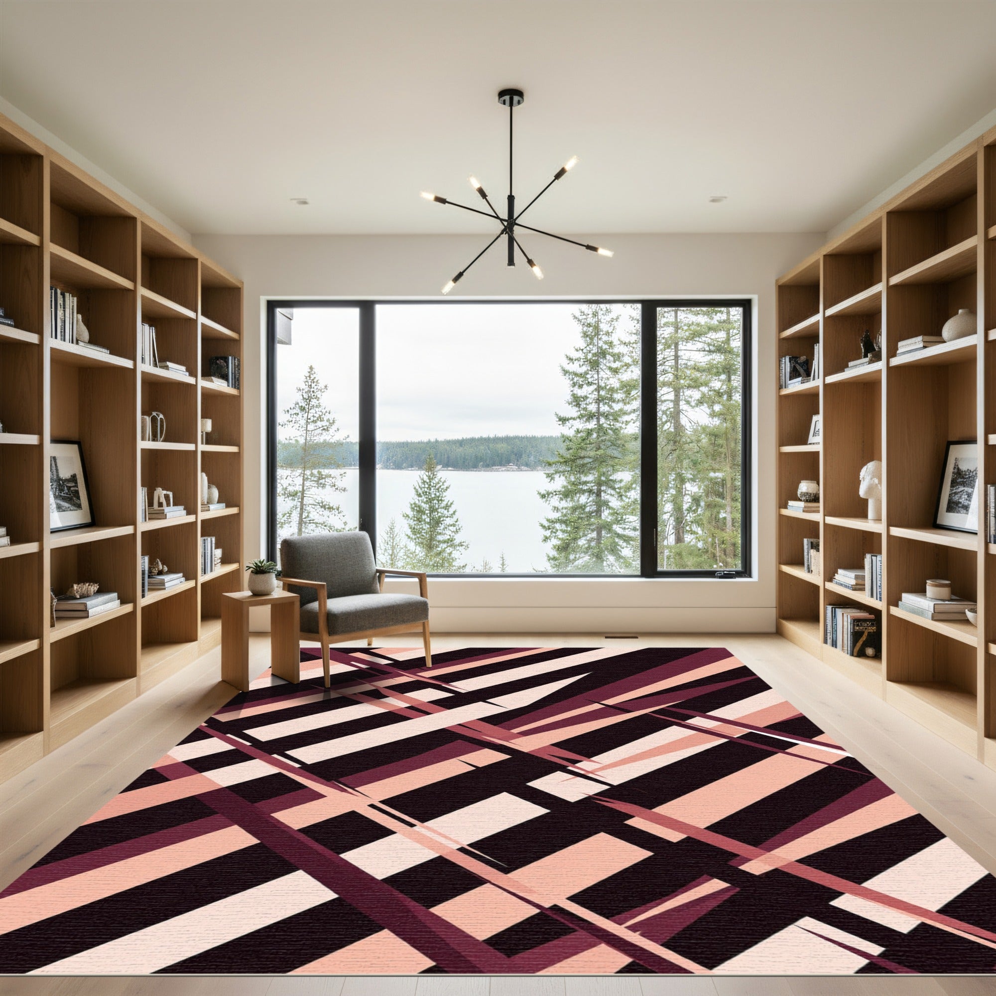 Crimson Pink Geometric Stripe Abstraction Rug