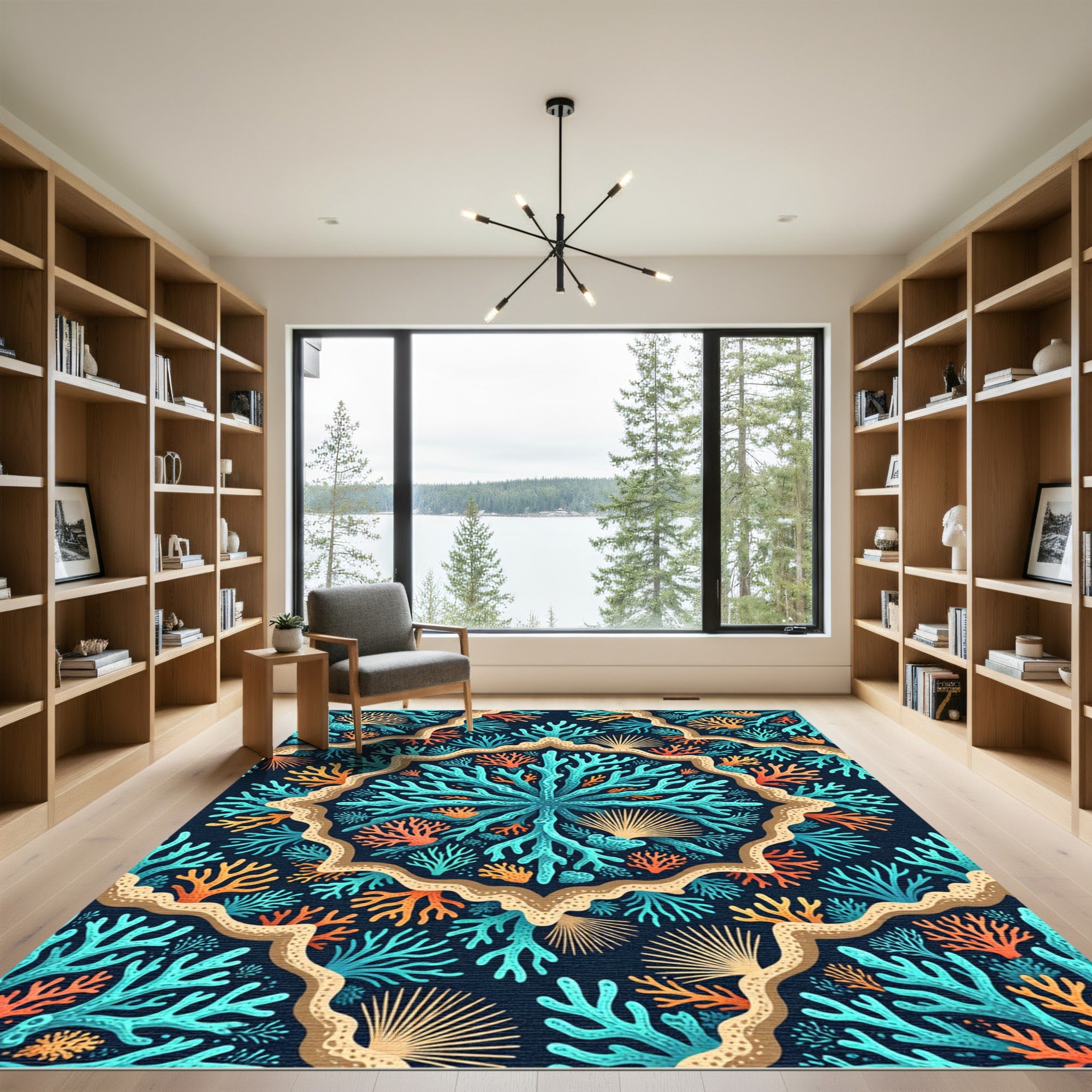 Blue Orange Coral Sea Mandala Rug