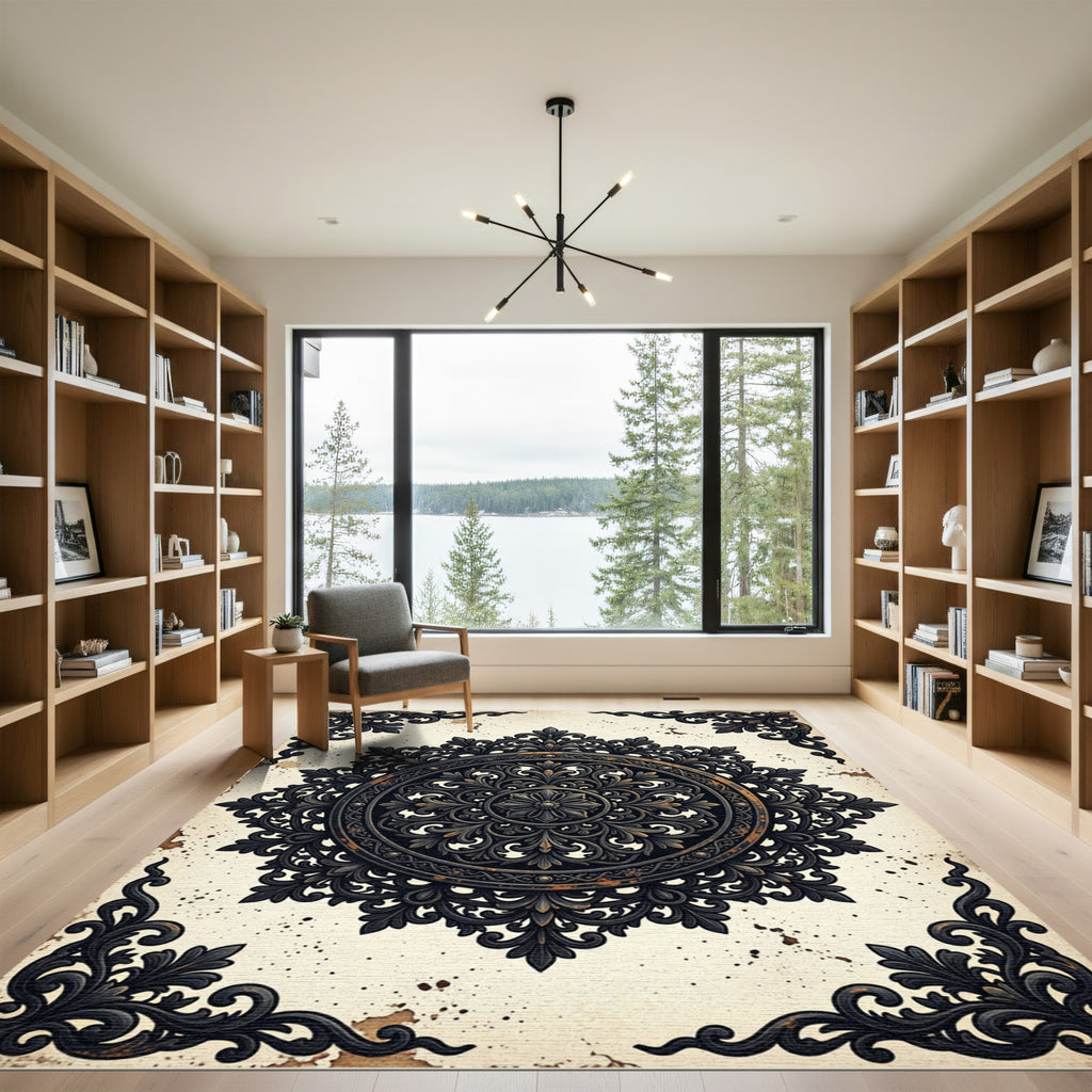Ornate Black Scrollwork Baroque Medallion Rug