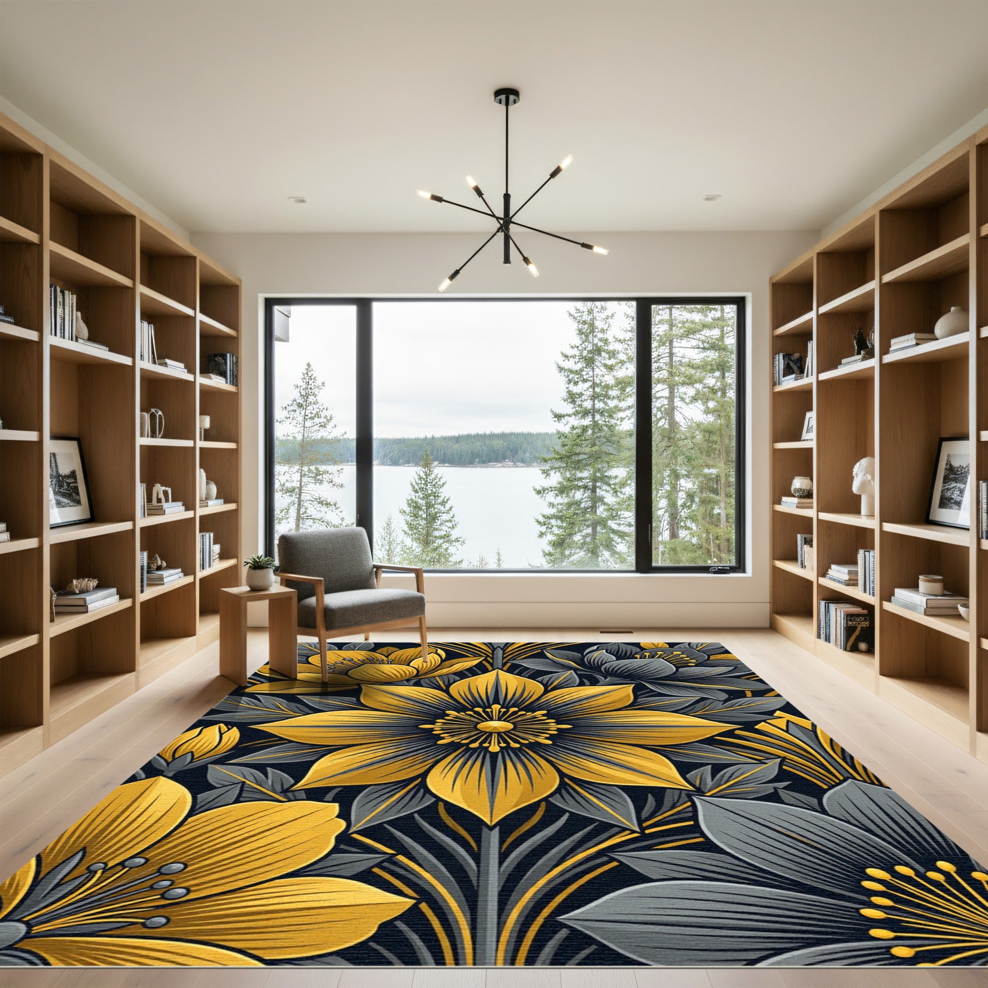 Elegant Gold and Charcoal Floral Arrangement Rug