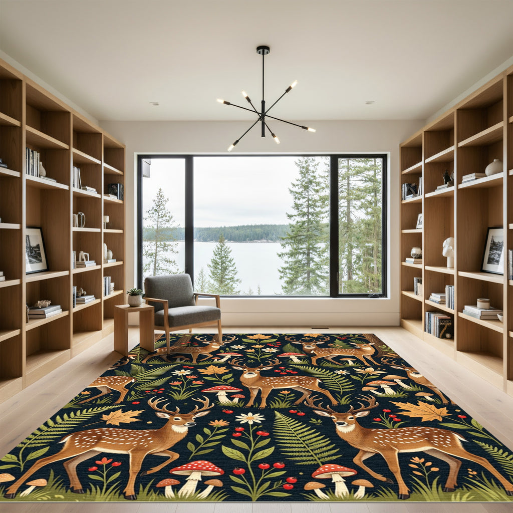 Whimsical Forest Deer Botanical Woodland Rug