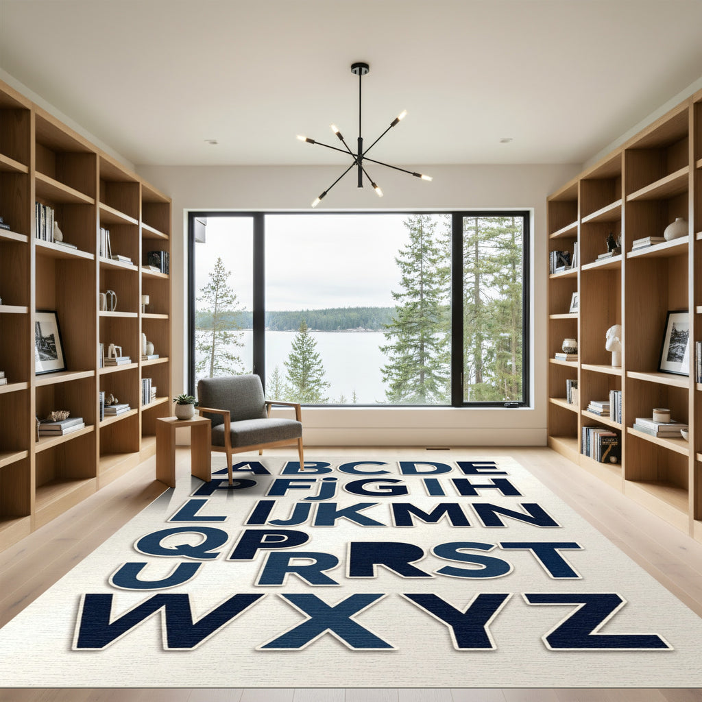 Navy Blue Modern Typography Alphabet Grid Rug