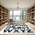 Navy Blue Modern Typography Alphabet Grid Rug