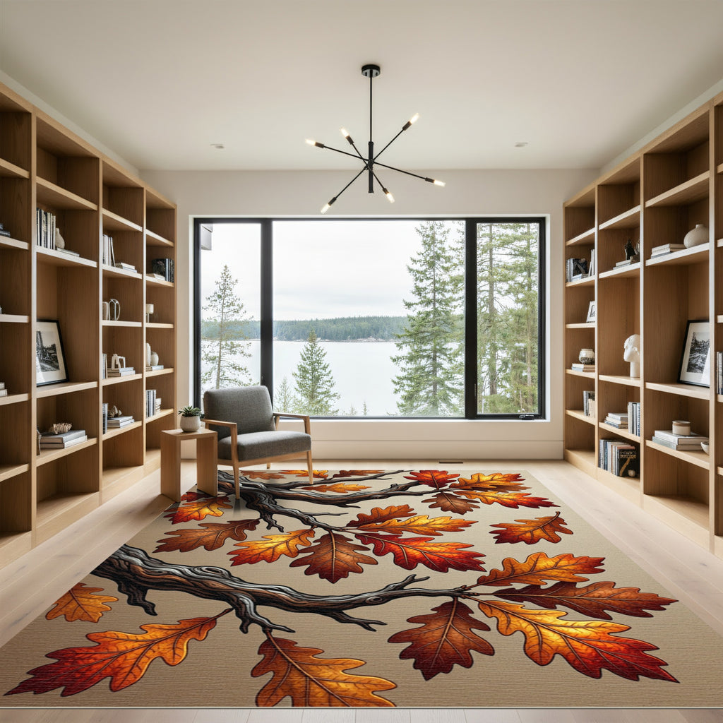 Autumnal Golden Oak Foliage Branches Rug