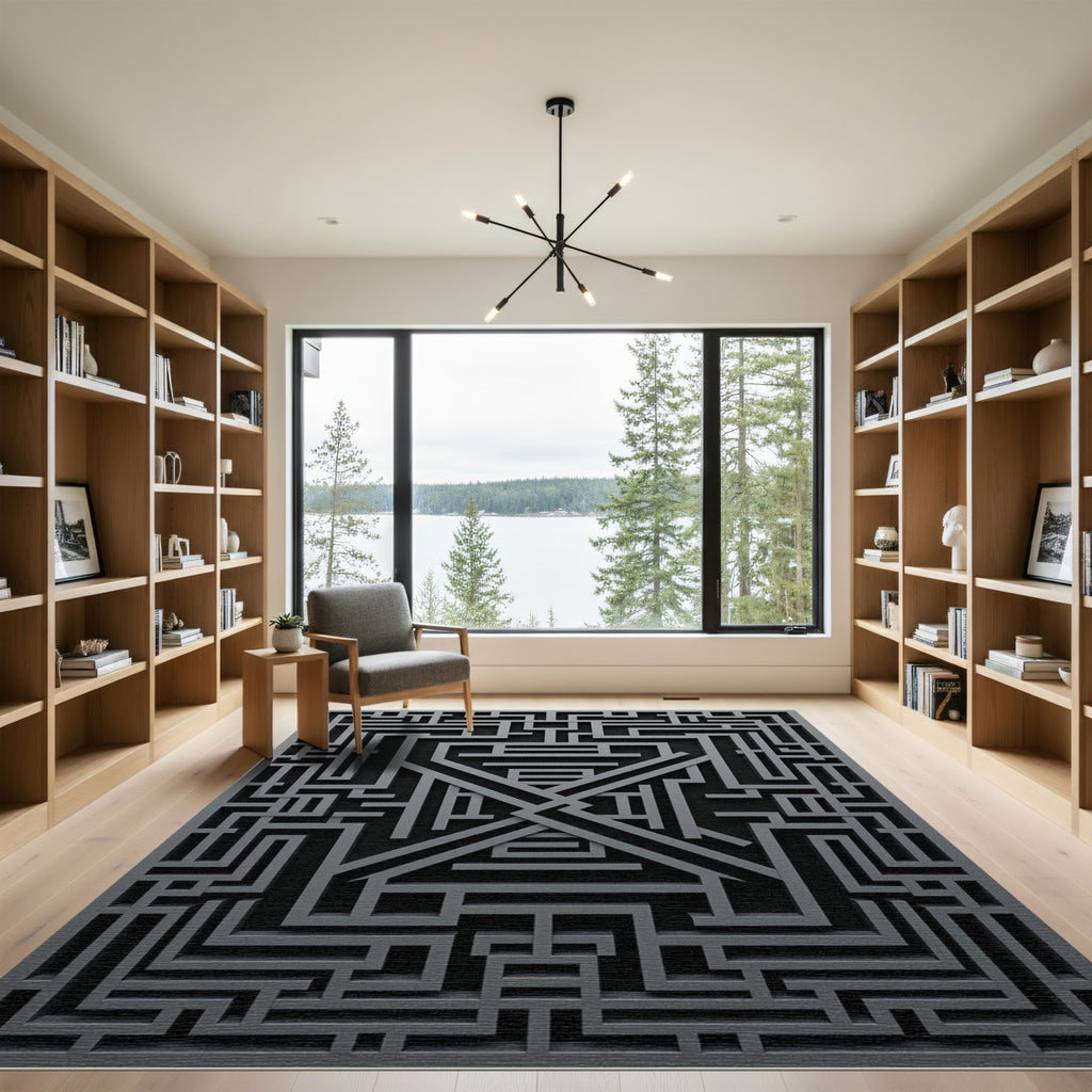 Monochrome Charcoal Geometric Labyrinth Art Rug