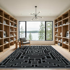 Monochrome Charcoal Geometric Labyrinth Art Rug