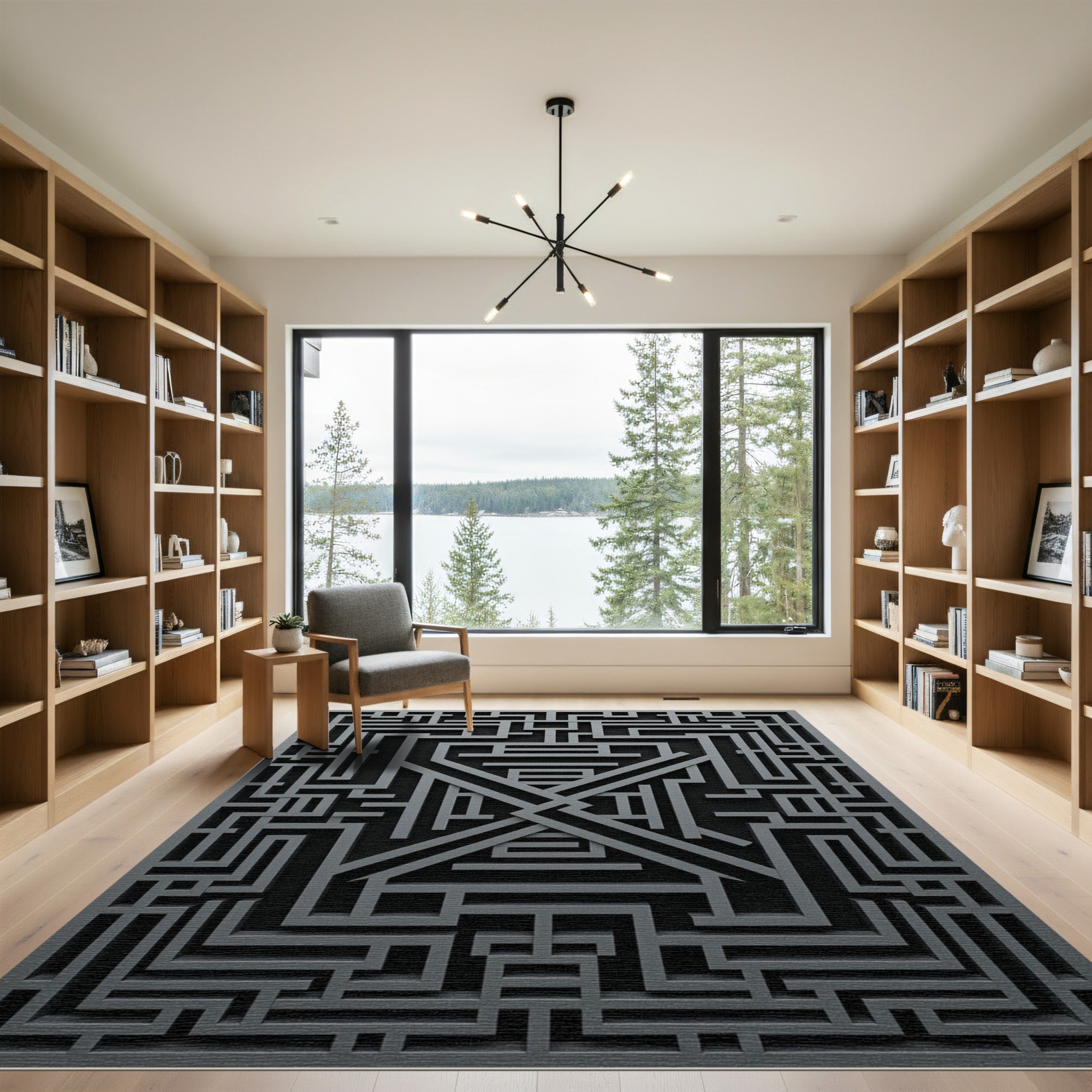 Monochrome Charcoal Geometric Labyrinth Art Rug