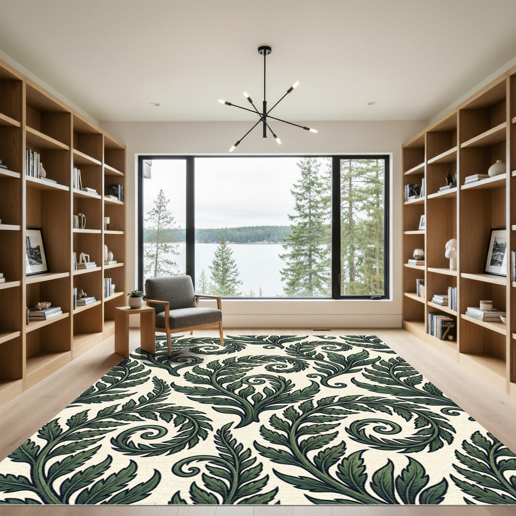 Dark Green Leafy Swirl Composition Rug