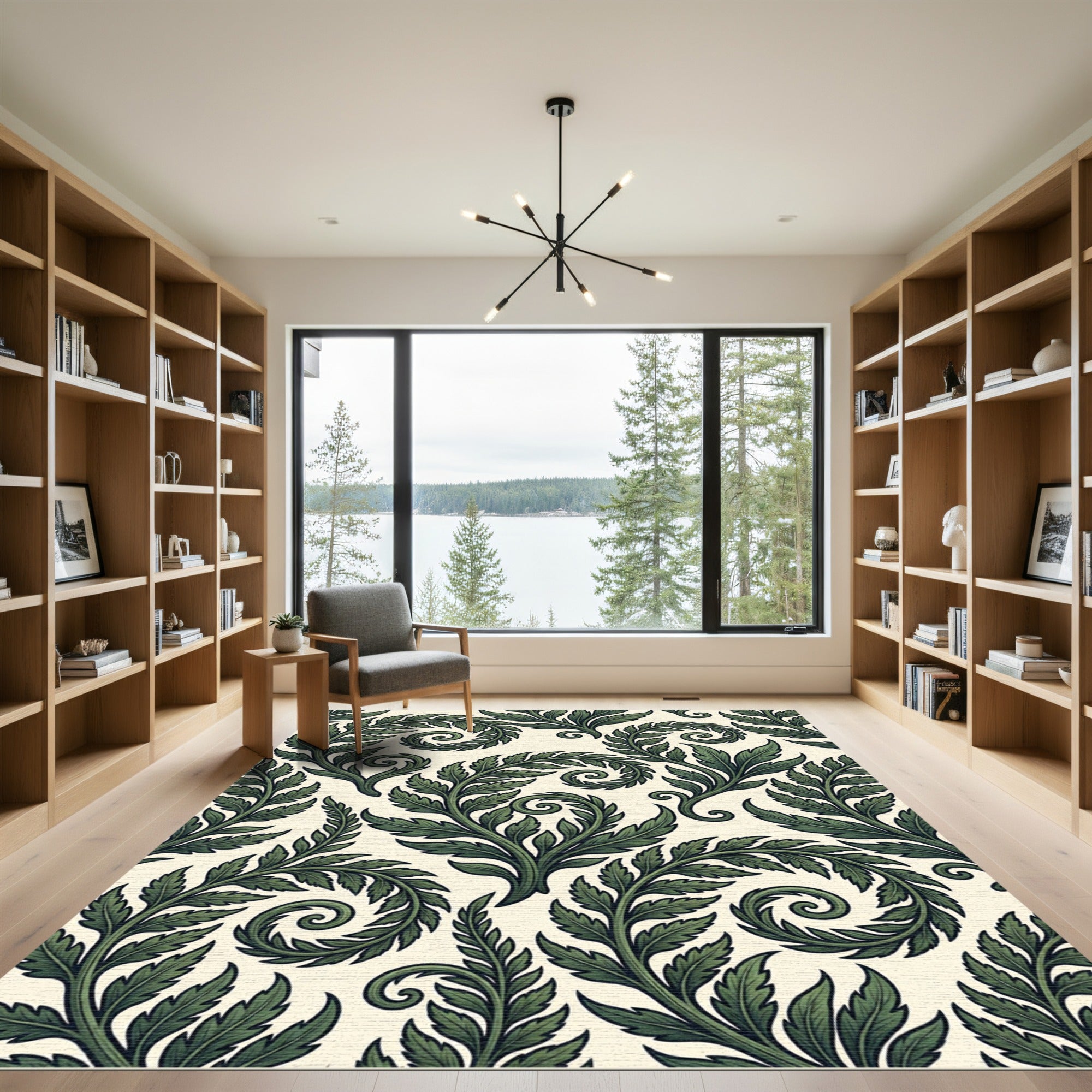 Dark Green Leafy Swirl Composition Rug