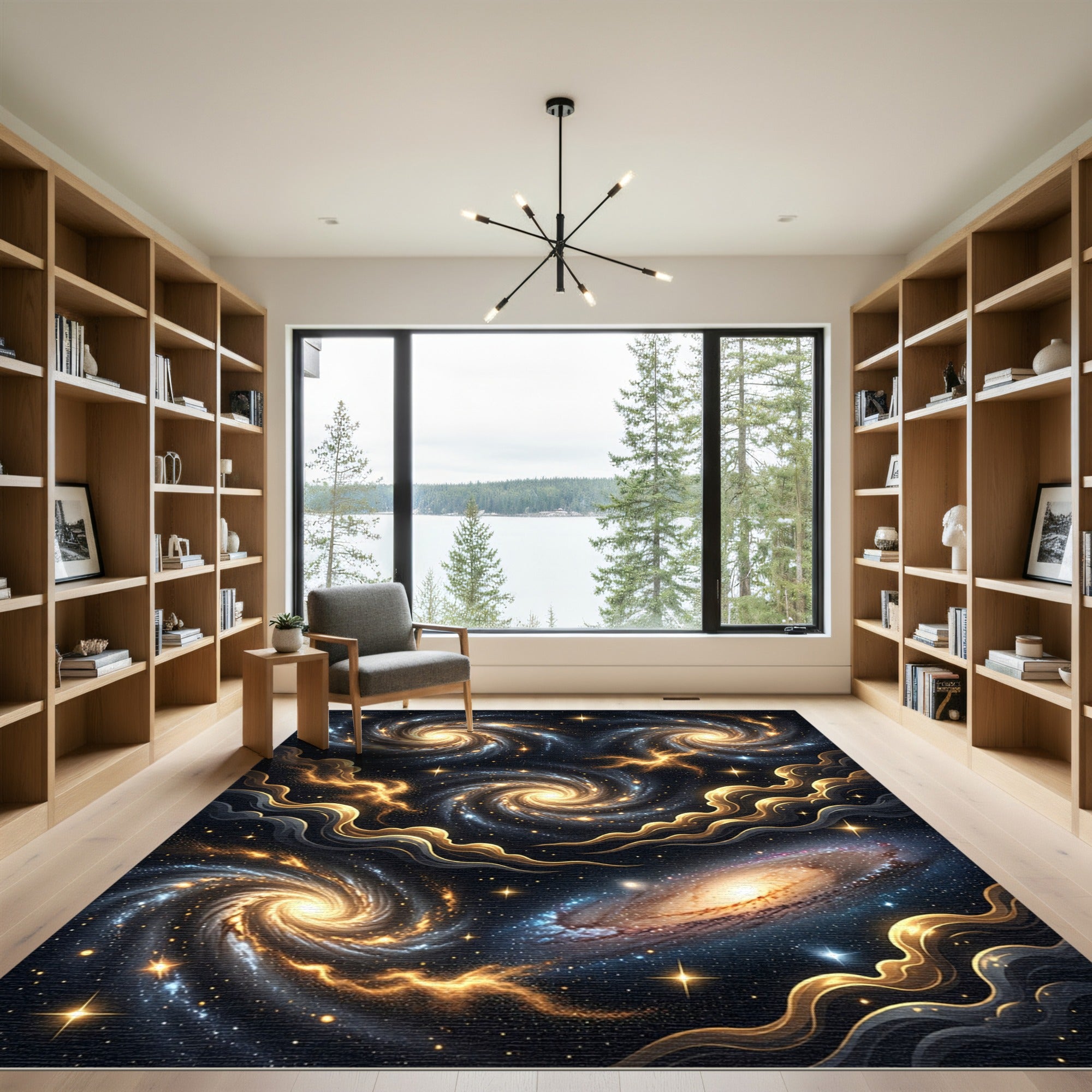 Golden Celestial Galaxy Swirls Rug