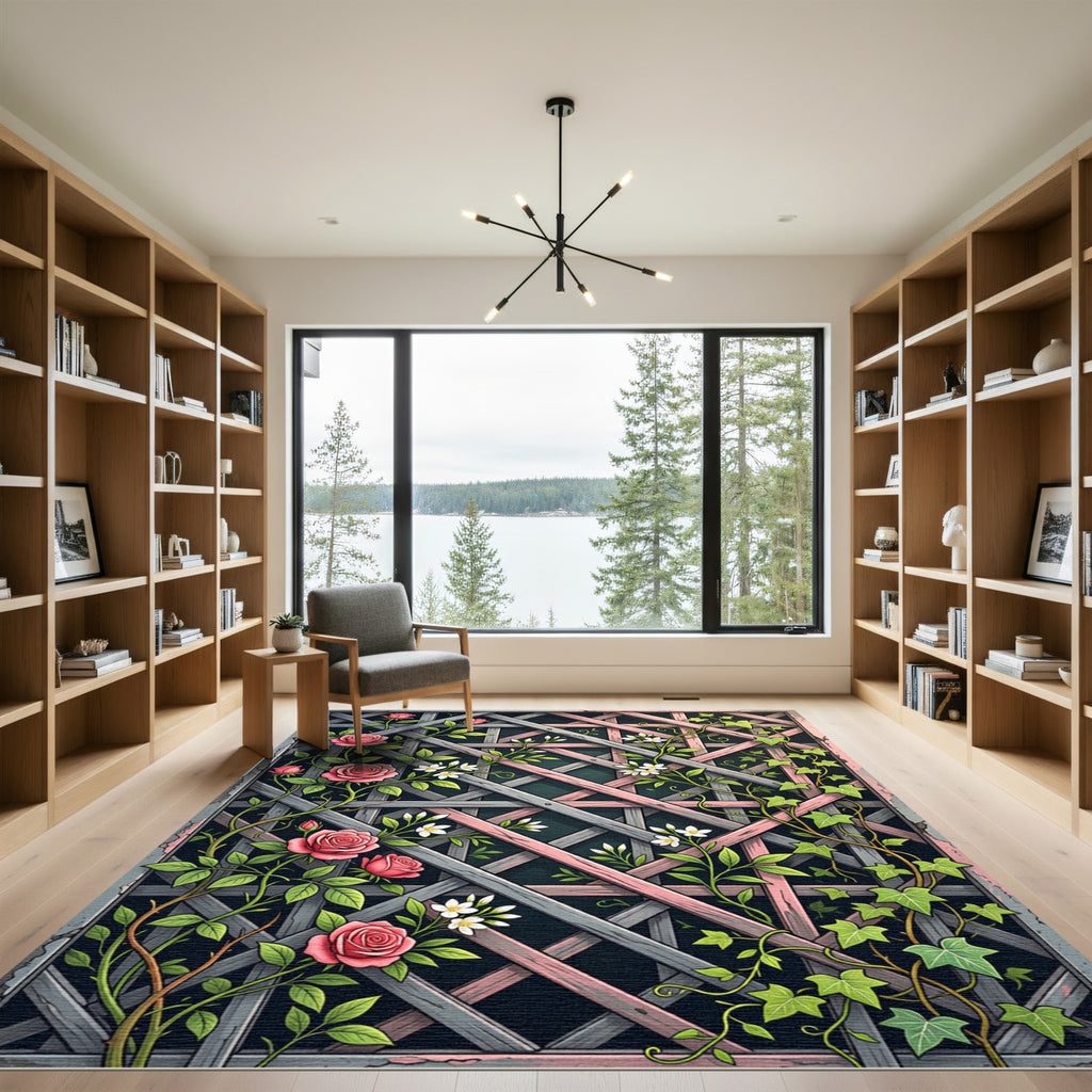 Pink Rose Climbing Lattice Garden Rug