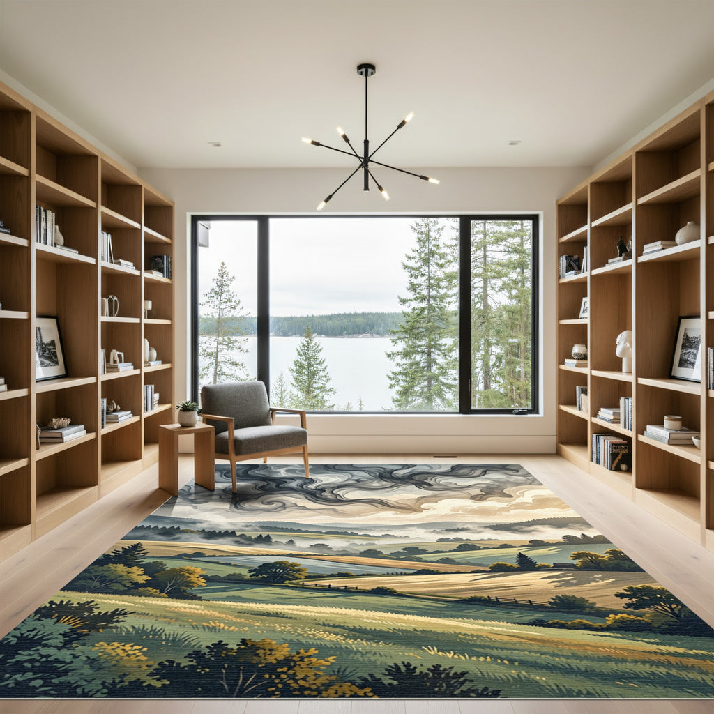 Dramatic Smoky Clouds Over Rolling Hills Rug