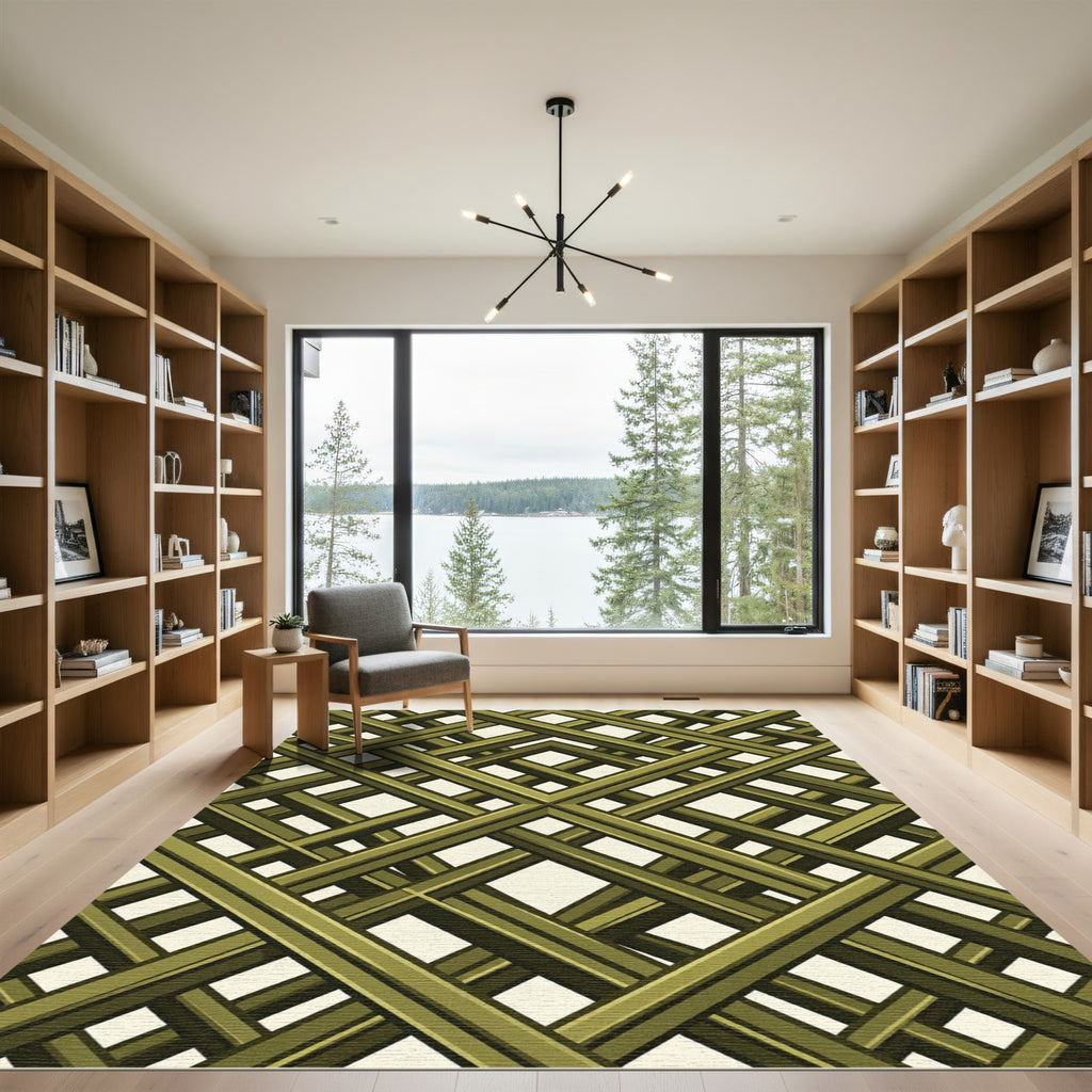 Olive Green Geometric Lattice Grid Rug