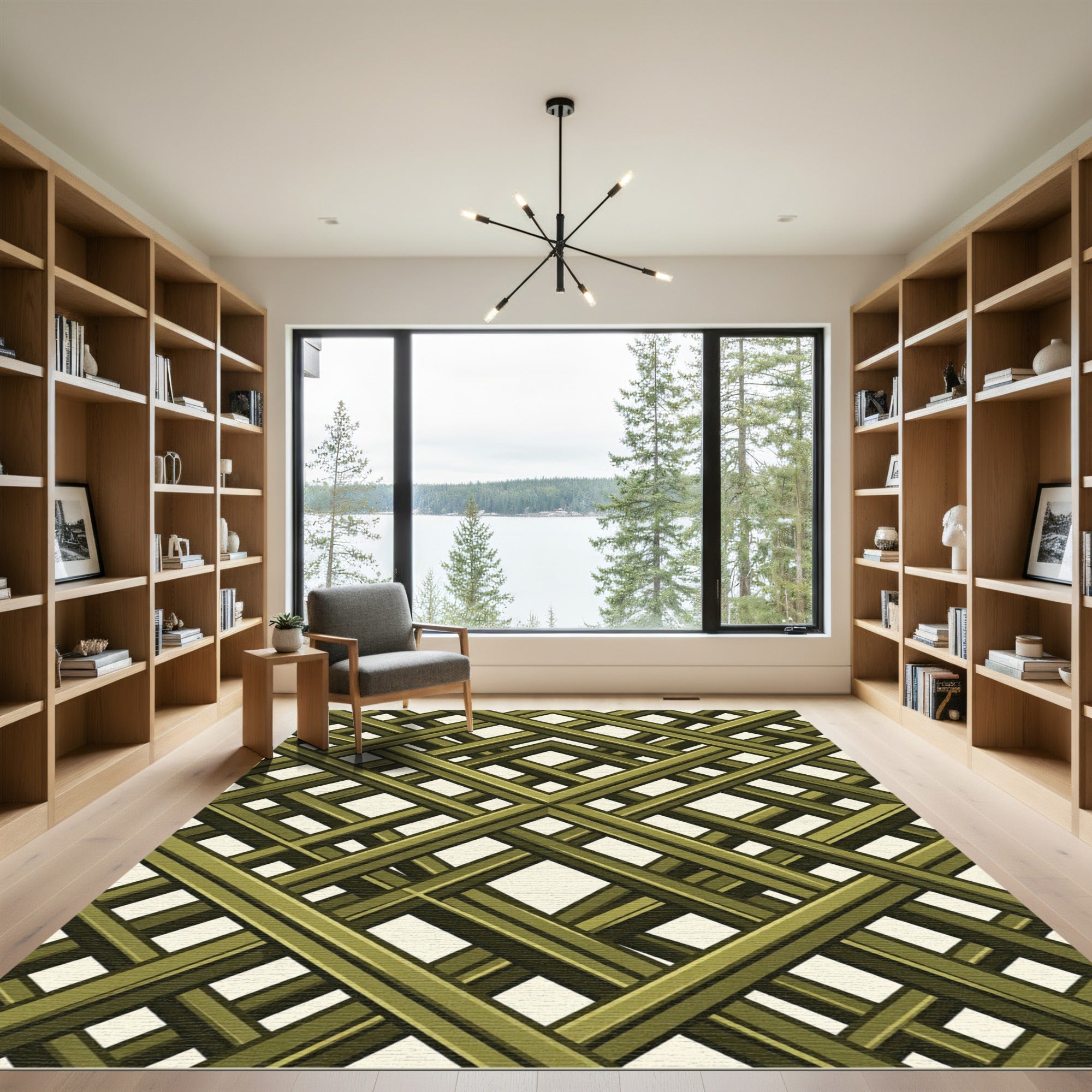 Olive Green Geometric Lattice Grid Rug