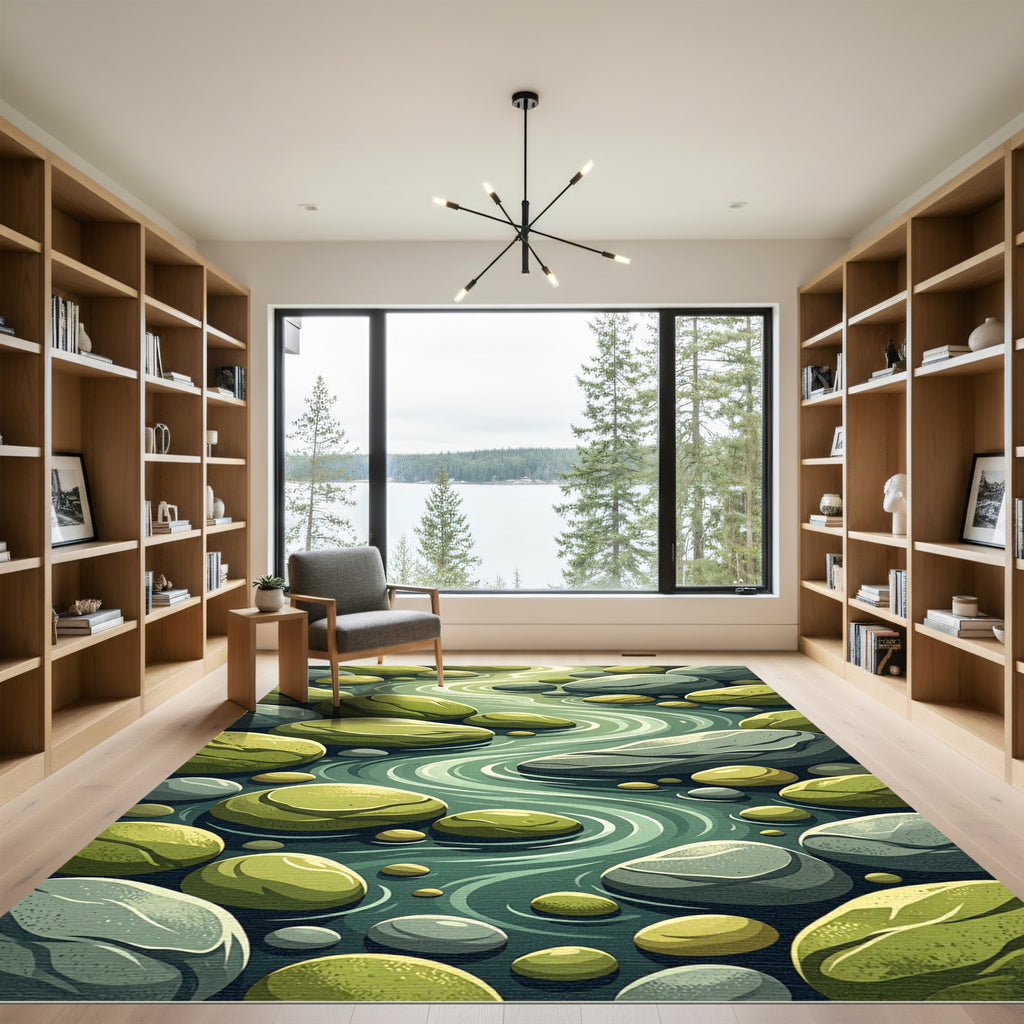 Serene Green River Stone Flow Rug