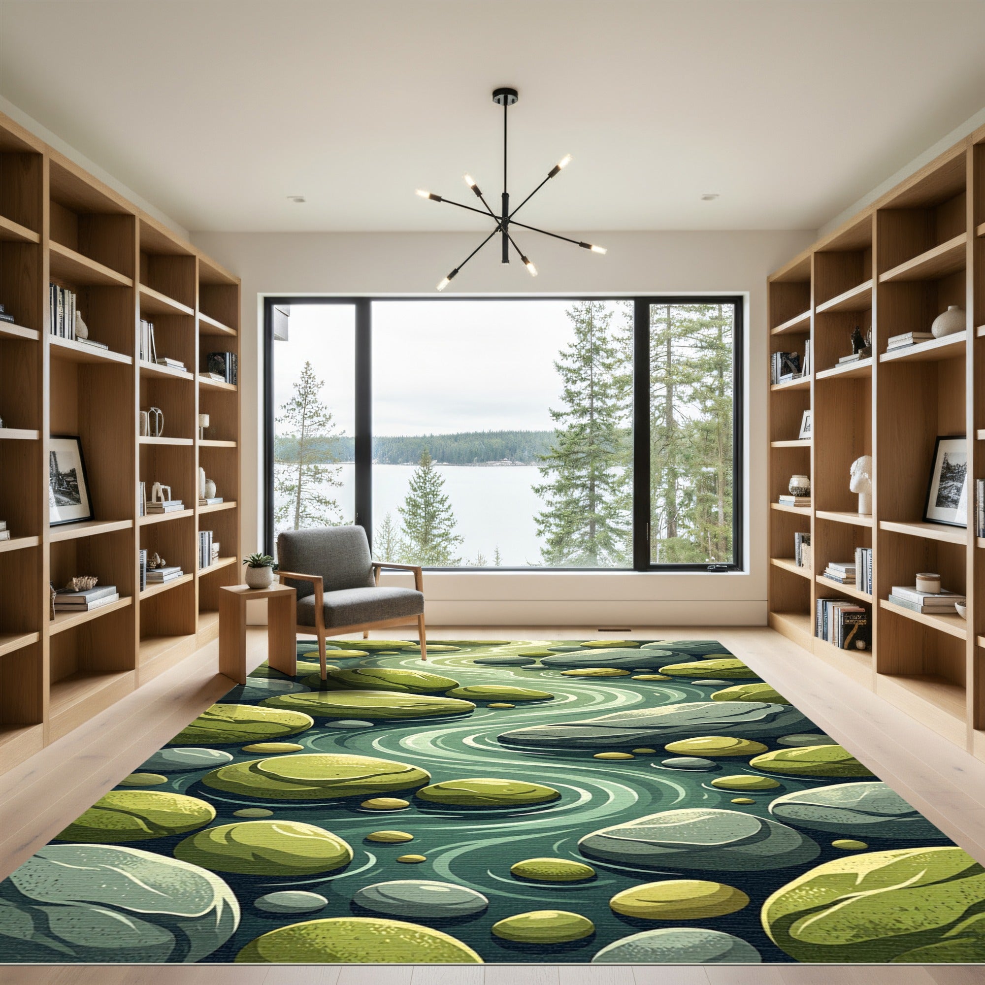 Serene Green River Stone Flow Rug