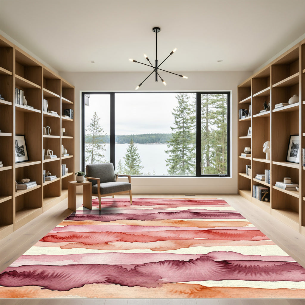 Crimson Red Blush Watercolor Stripes Rug