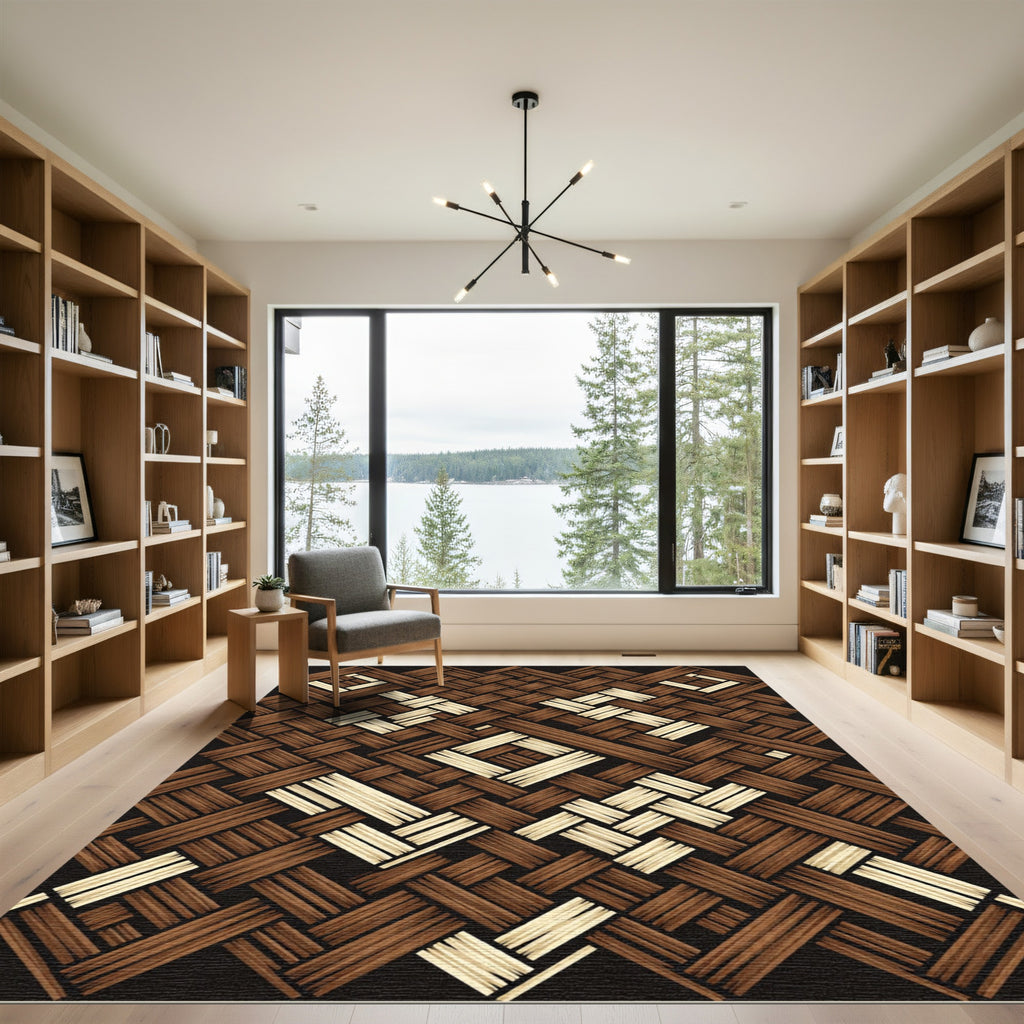 Brown Beige Woven Stripe Medallion Rug