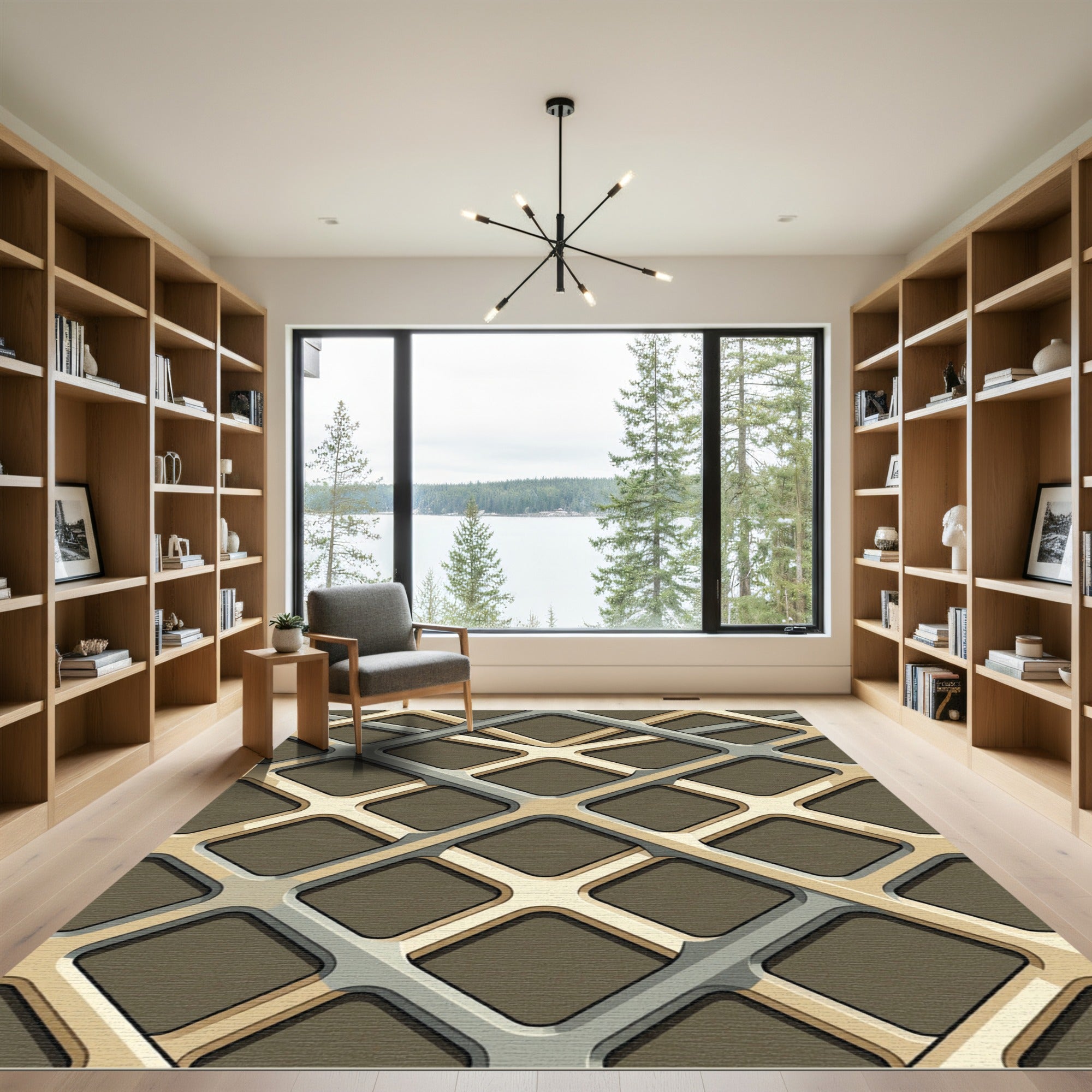 Modern Tan Gray Interlocking Squares Rug