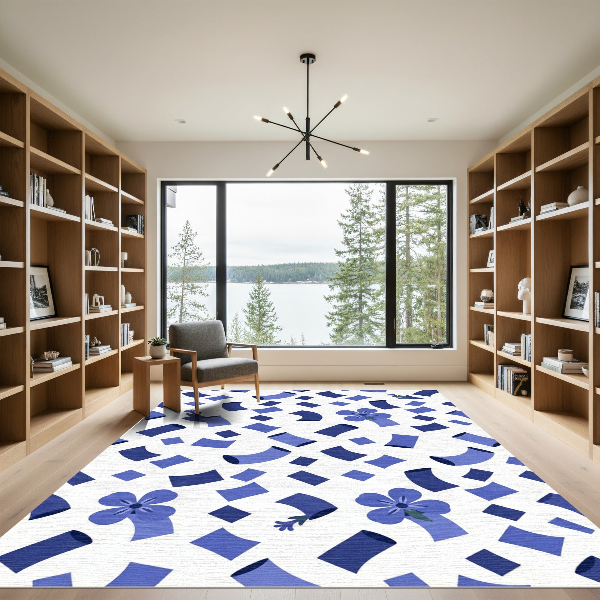 Whimsical Blue Floral Scattered Squares Rug