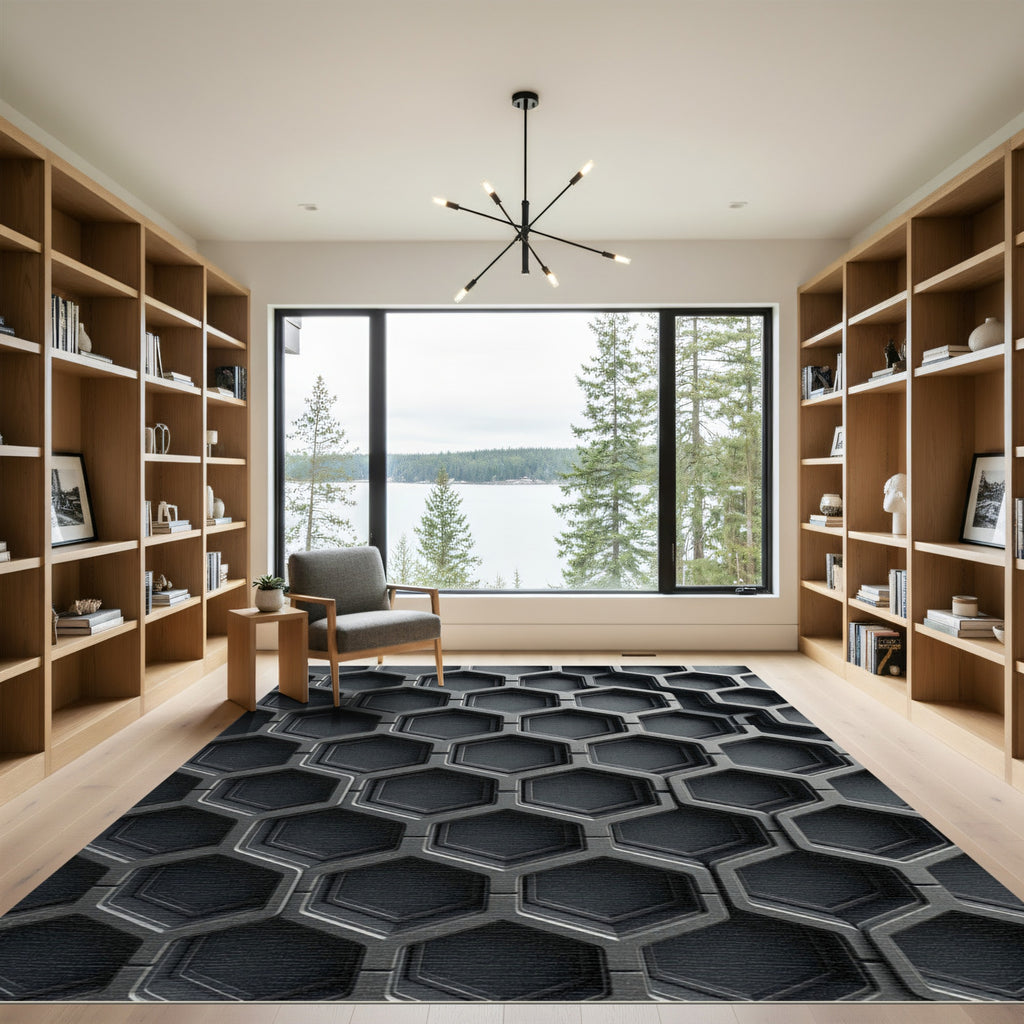Metallic Charcoal Geometric Hexagon Texture Rug