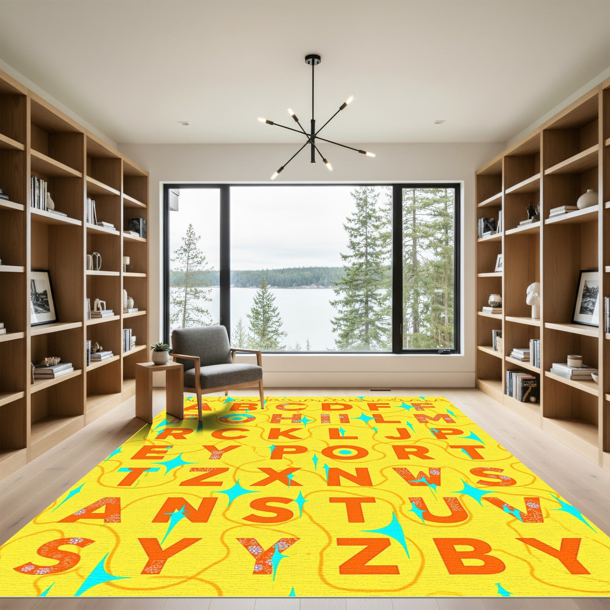 Orange Alphabet Geometric Floral Stars Rug