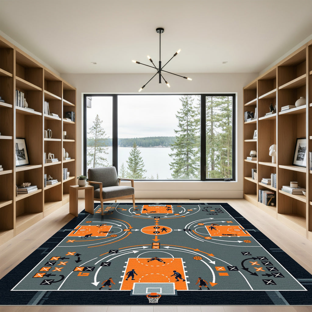 Strategic Orange Basketball Court Action Map Rug