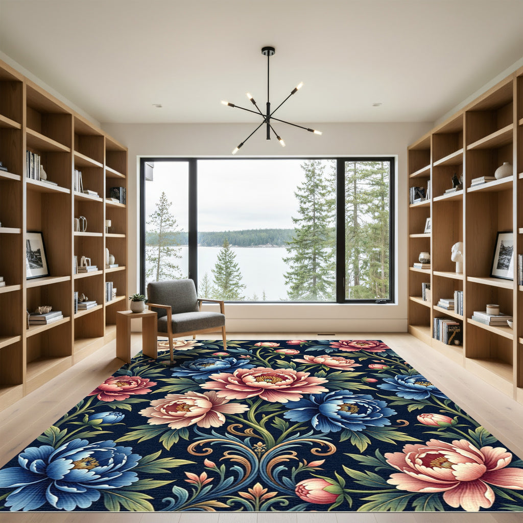 Blooming Peony Floral Navy Botanical Art Rug
