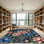Blooming Peony Floral Navy Botanical Art Rug