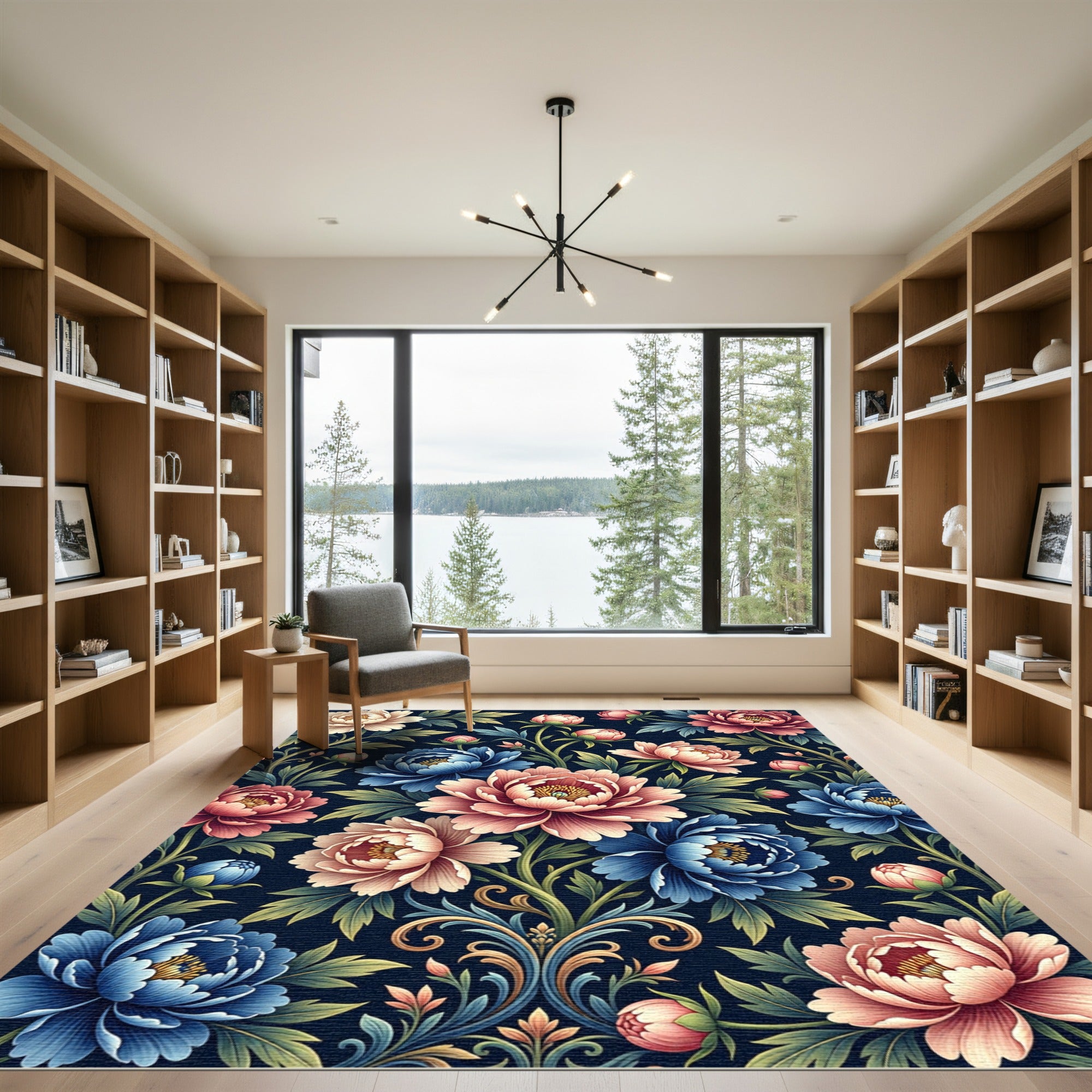 Blooming Peony Floral Navy Botanical Art Rug