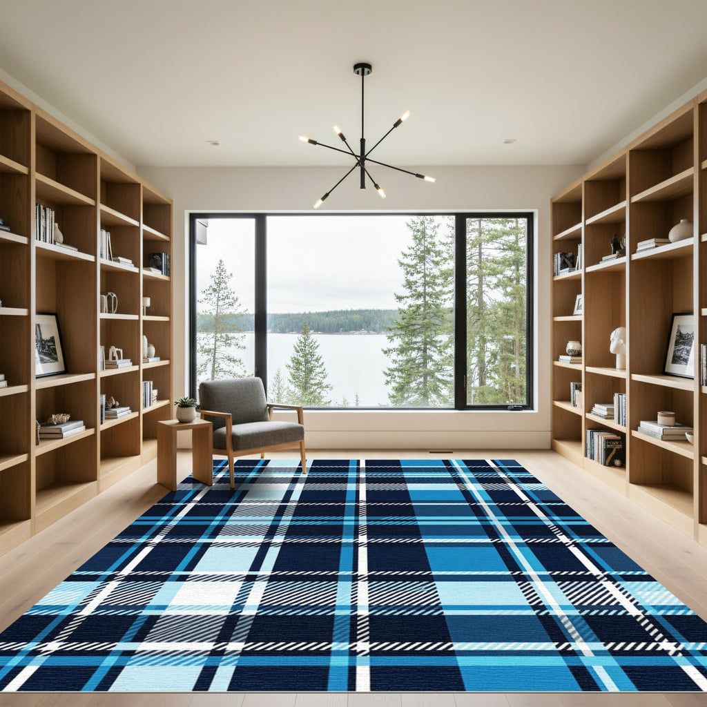 Classic Navy and Azure Plaid Grid Rug