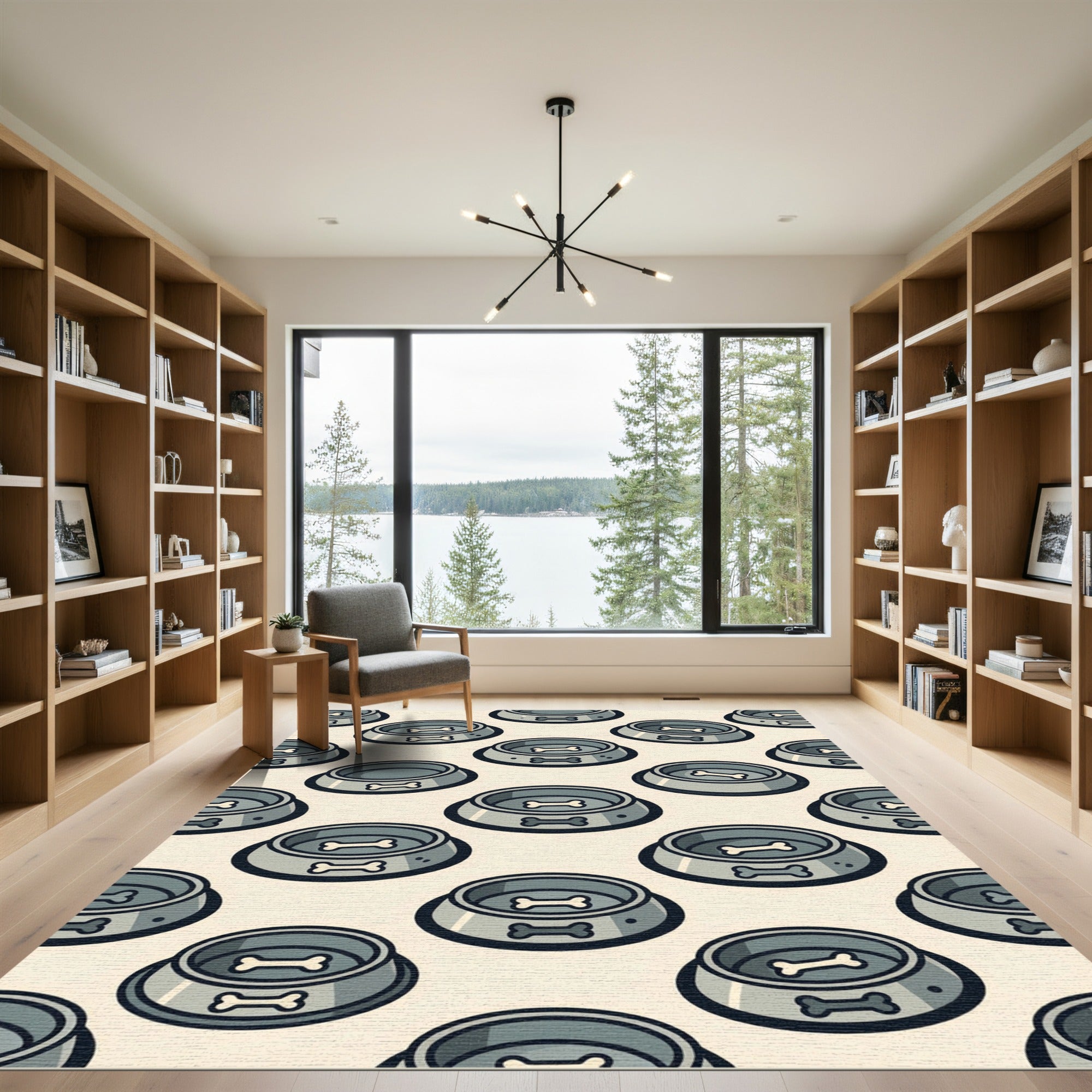Minimalist Bone Icon Gray Pet Bowl Rug