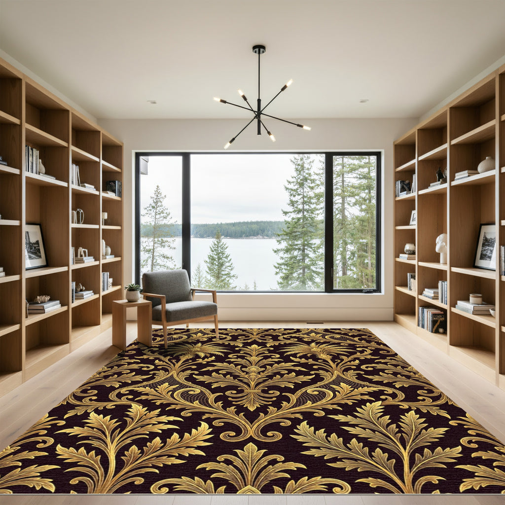 Ornate Gold Damask Palm Leaf Black Rug