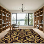 Ornate Gold Damask Palm Leaf Black Rug