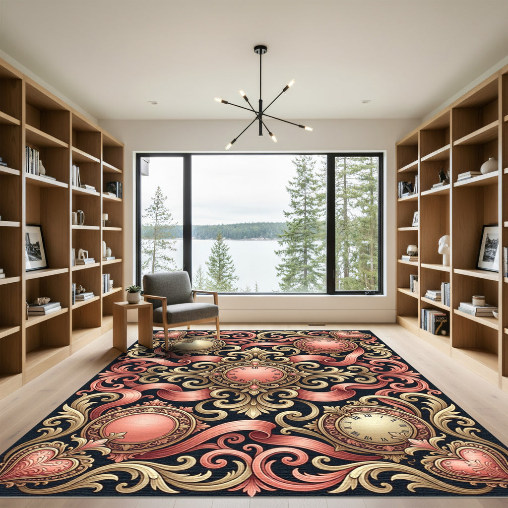 Ornate Golden Pink Timepiece Garland Rug
