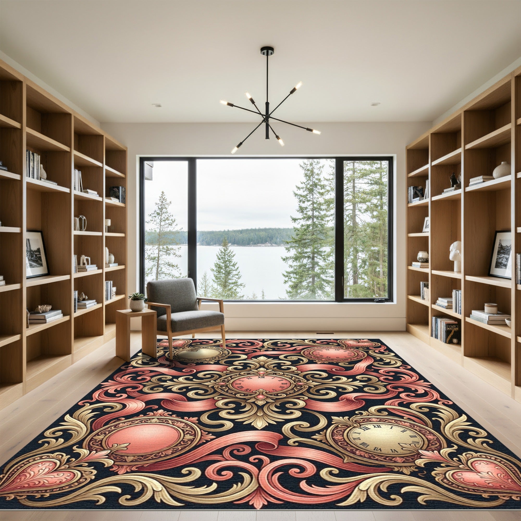 Ornate Golden Pink Timepiece Garland Rug