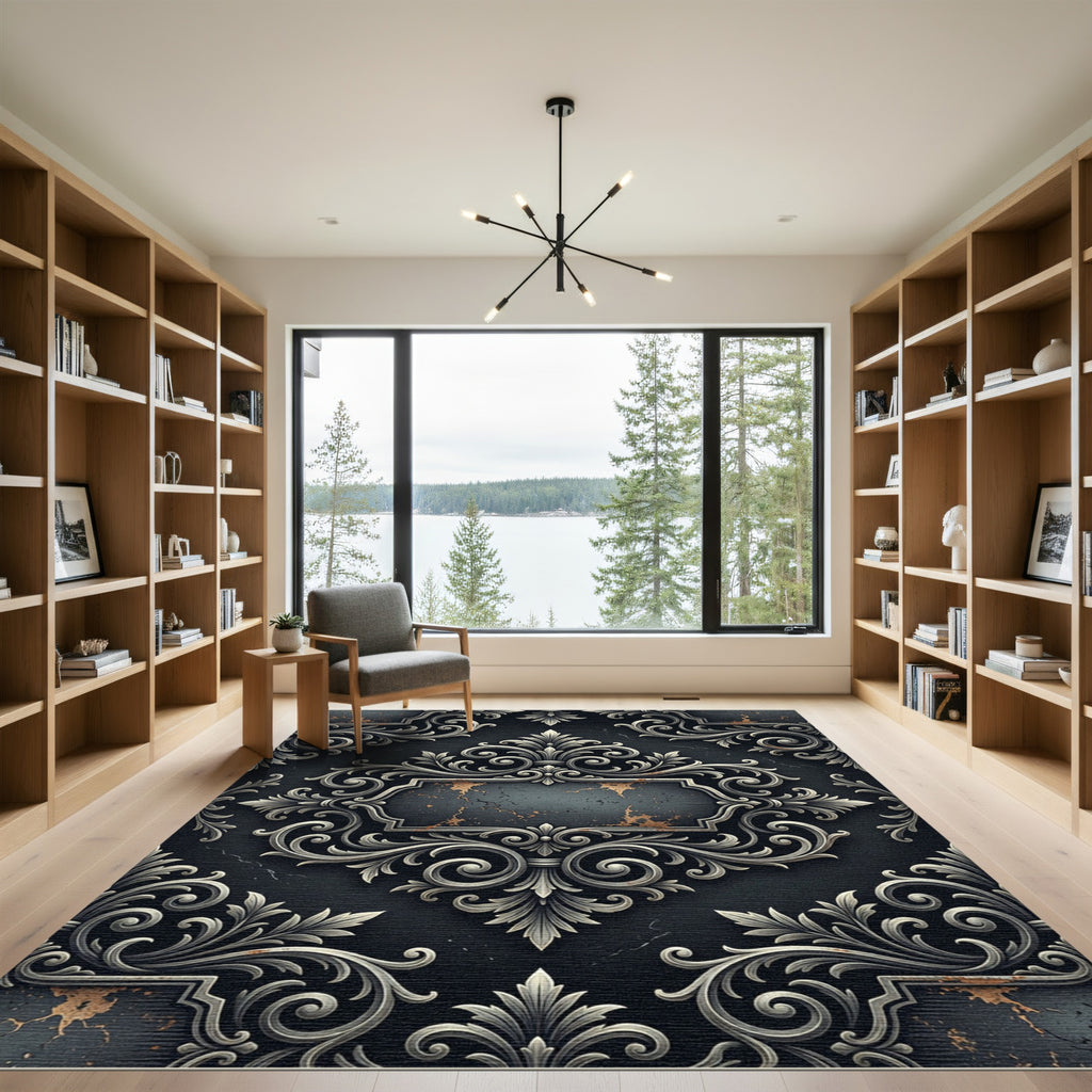 Ornate Metallic Damask Charcoal Scroll Rug