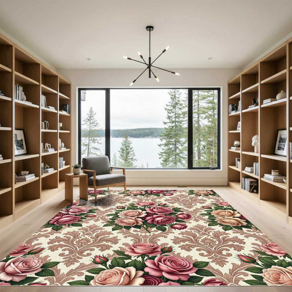 Romantic Pink Rose Damask Scroll Rug