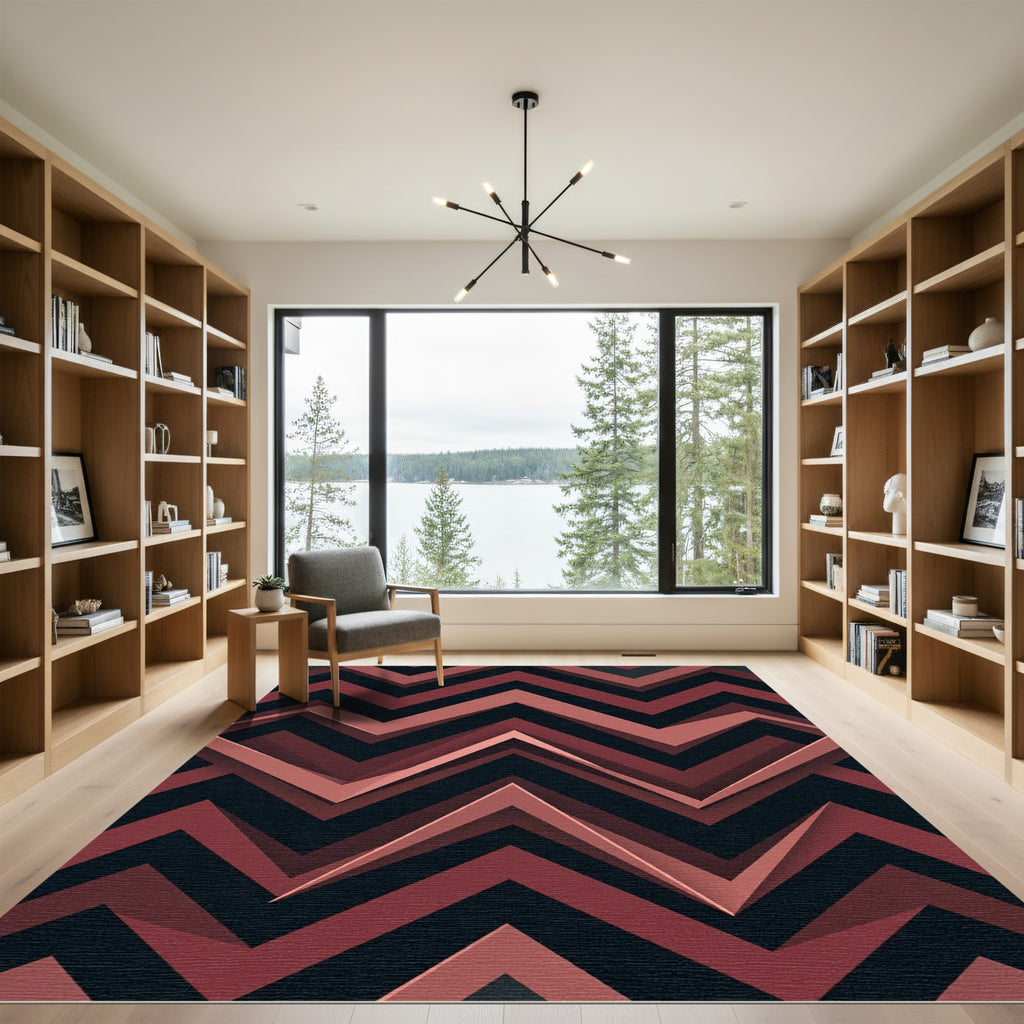 Modern Geometric Crimson Chevron Art Rug