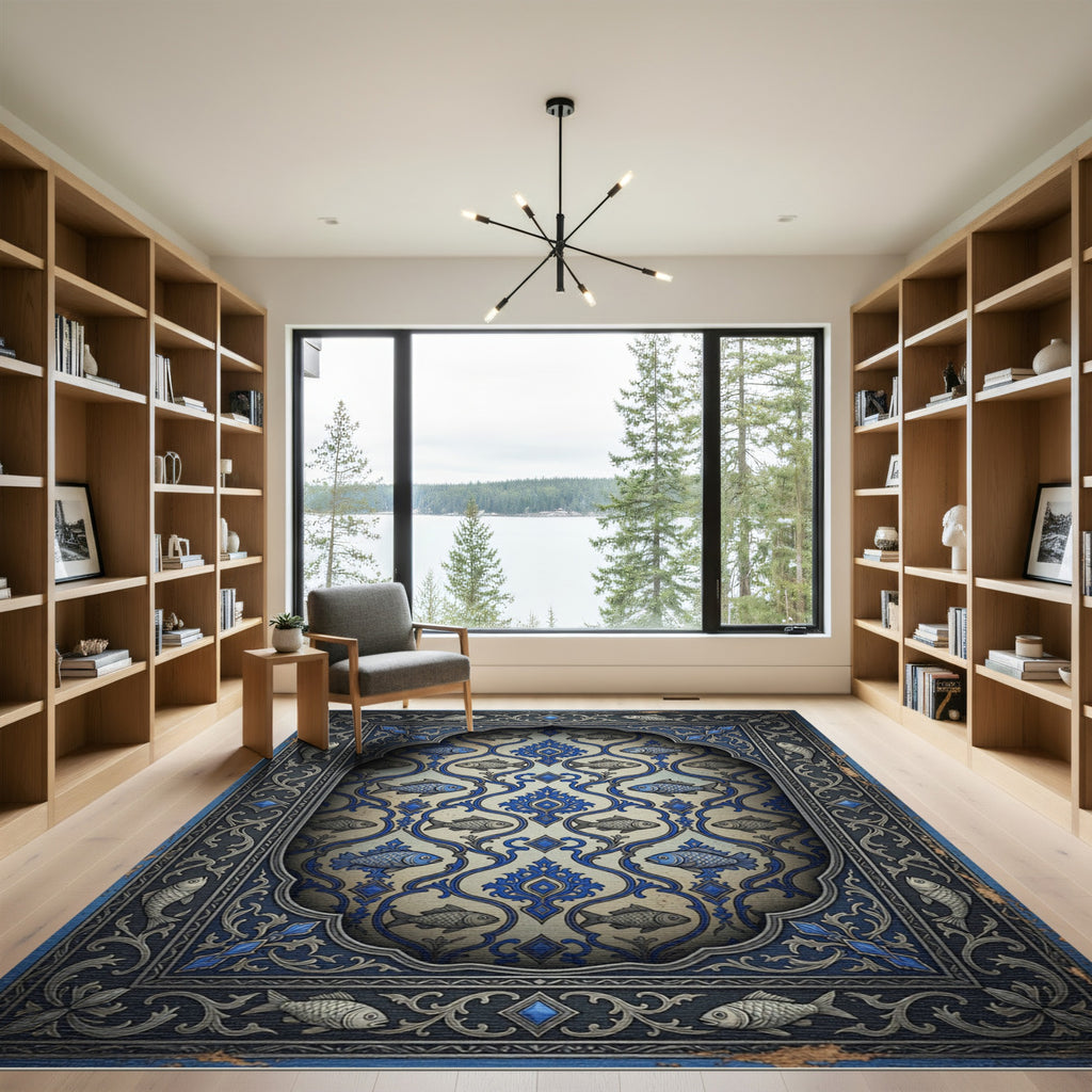 Folk Blue Fish Scroll Ornament Rug