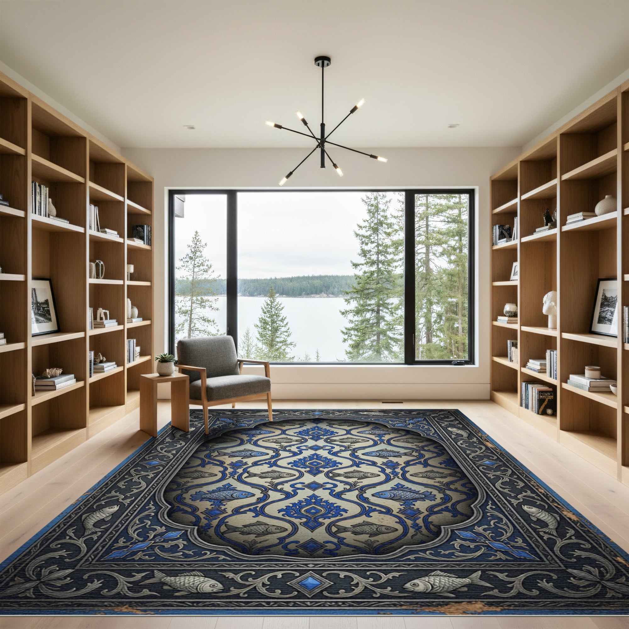 Folk Blue Fish Scroll Ornament Rug