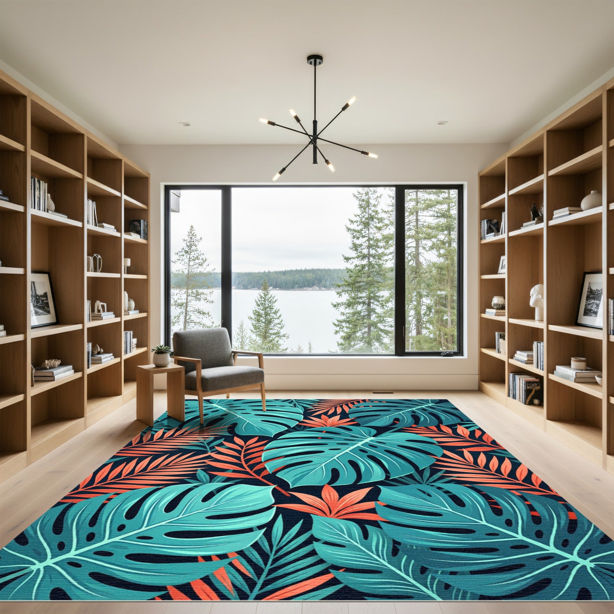 Tropical Teal And Coral Botanical Foliage Rug