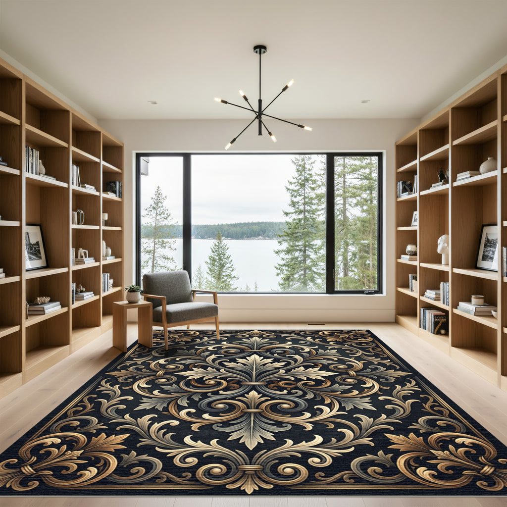 Ornate Gold and Charcoal Acanthus Scroll Rug